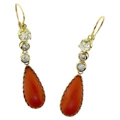 Red Coral and Old Mine Diamond Dangle Earrings in 18k Yellow Gold