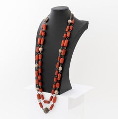 Retro Red Coral and Silver Beaded Necklace, 20th Century