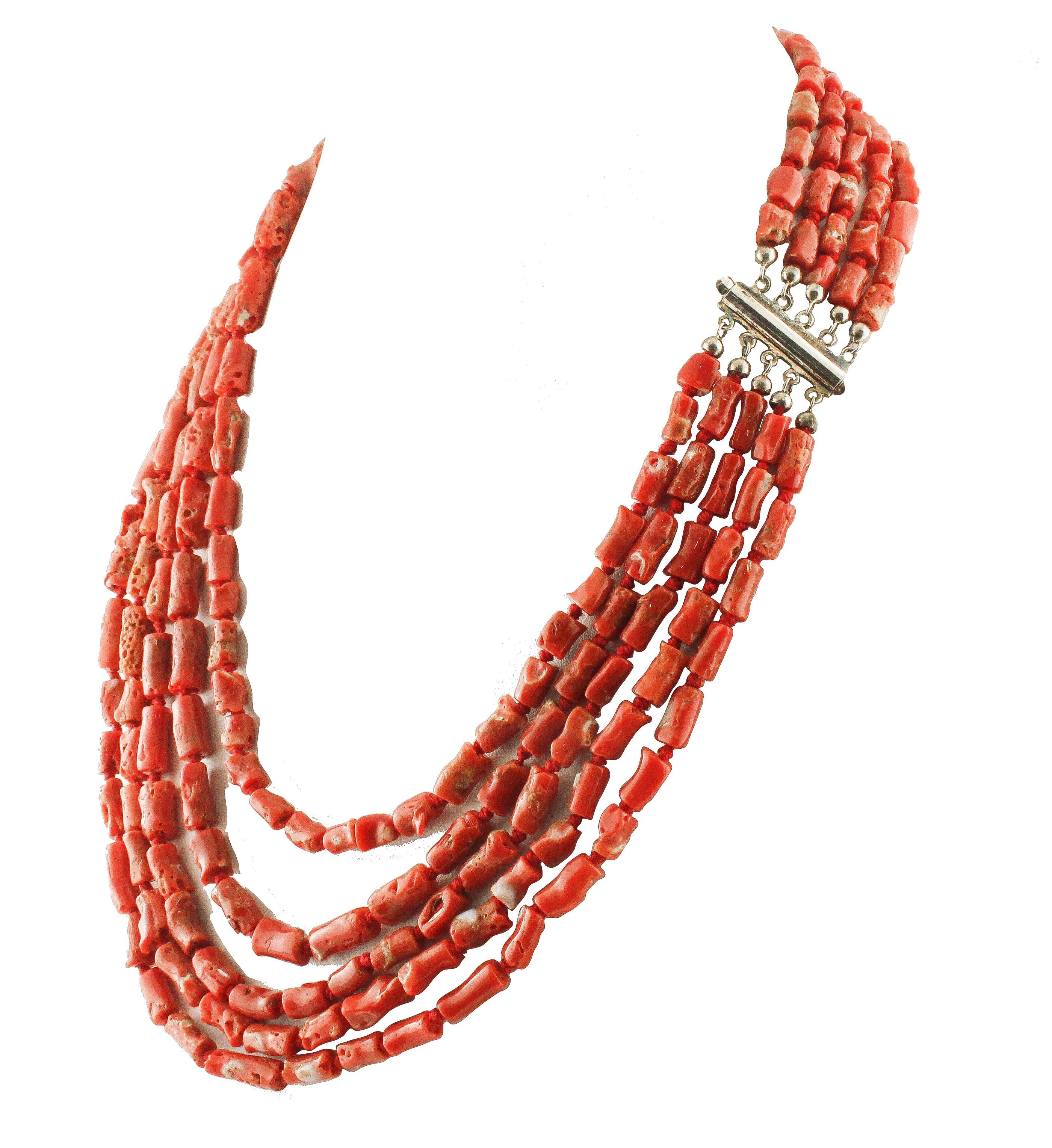 Wonderful Multi-Strand necklace composed by amazing 5 red coral small barrel rows, that conclude with a simple silver clasp
Coral 125.82 g 
Total Weight 130.60
R.F + efr
Length    51 cm / 56 cm / 59 cm / 60 cm / 63 cm 
Clasp dimention 3.2 cm x 1.4