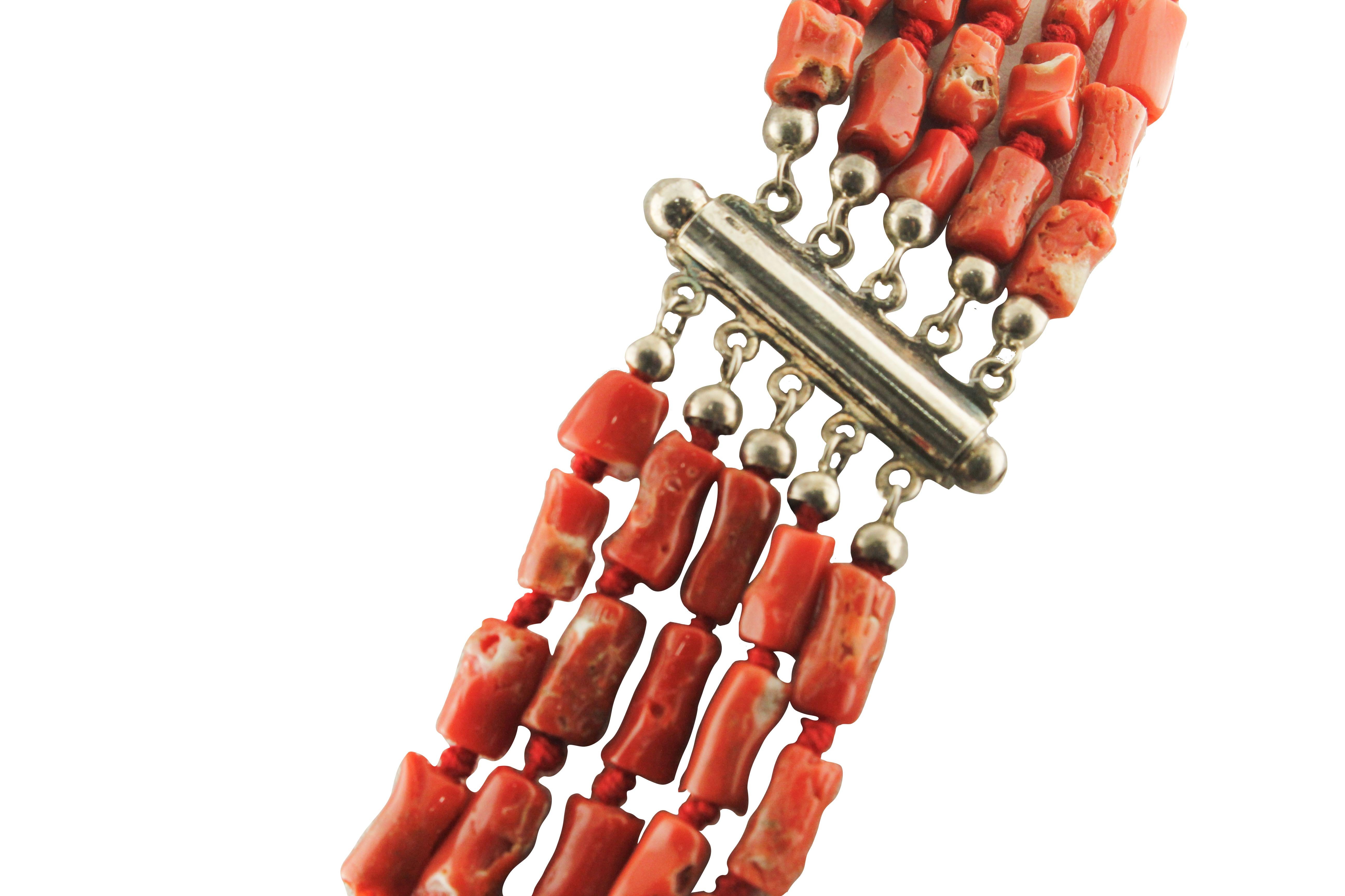 Retro Red Coral and Silver Clasp Multi-Strand Necklace