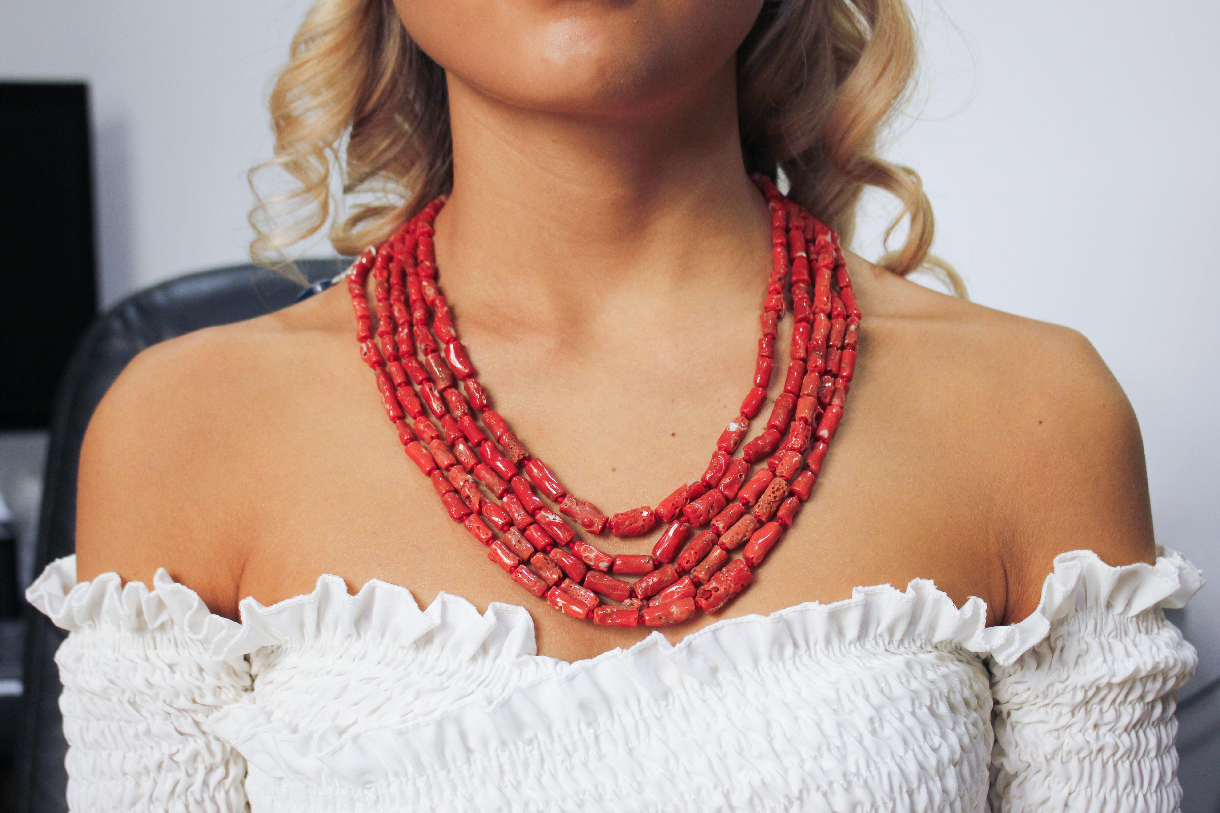 Women's Red Coral and Silver Clasp Multi-Strand Necklace