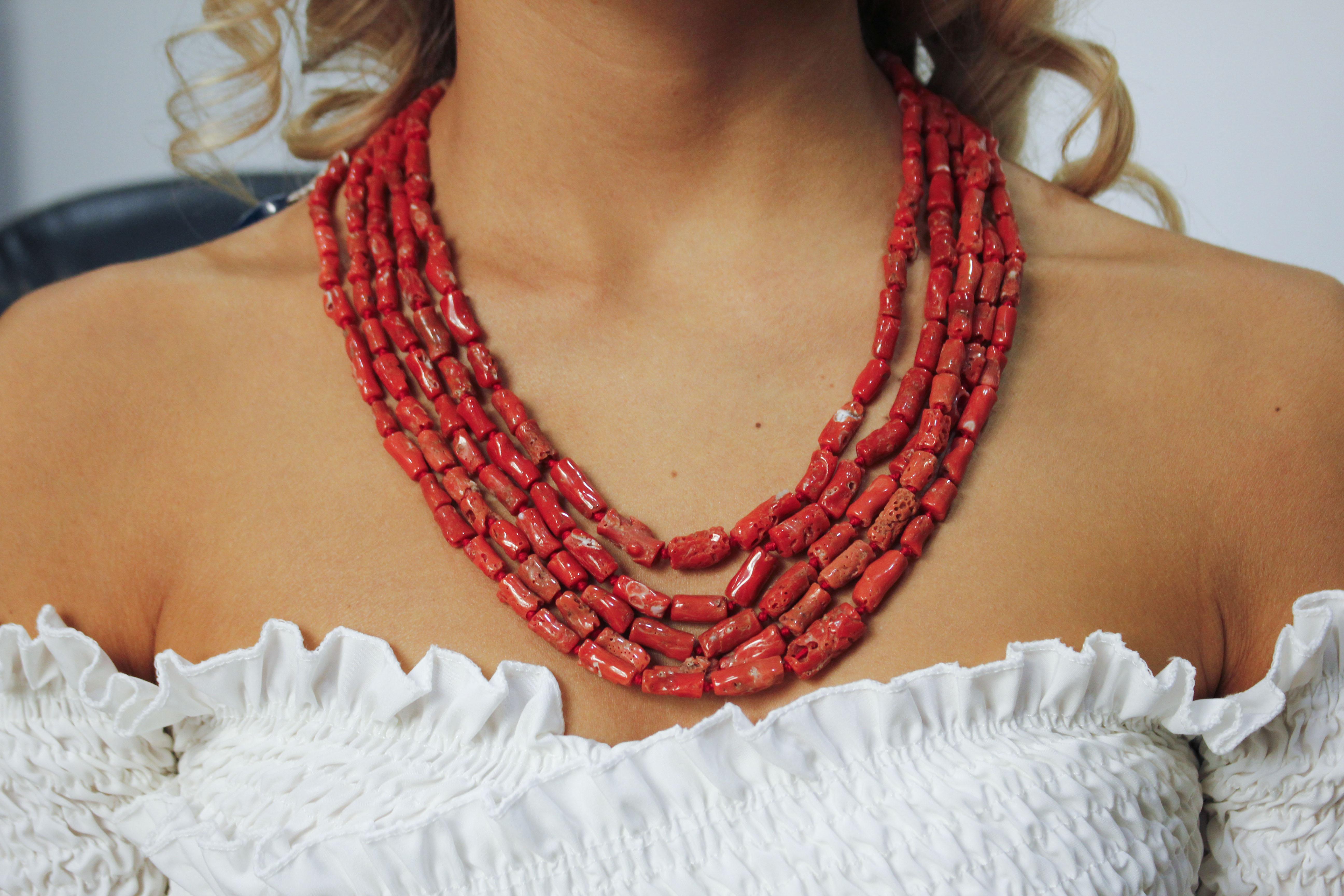 Red Coral and Silver Clasp Multi-Strand Necklace 1