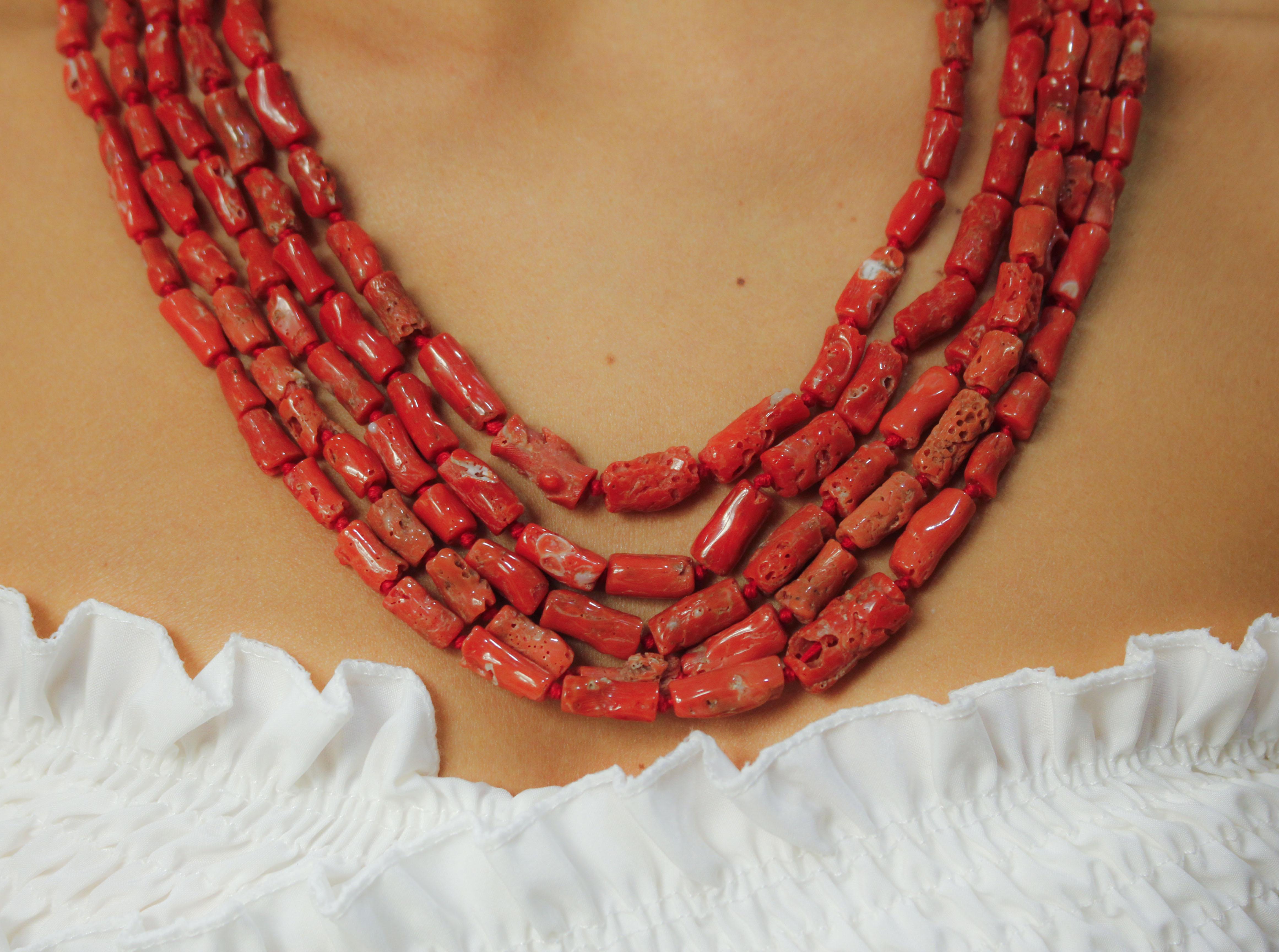 Red Coral and Silver Clasp Multi-Strand Necklace 2