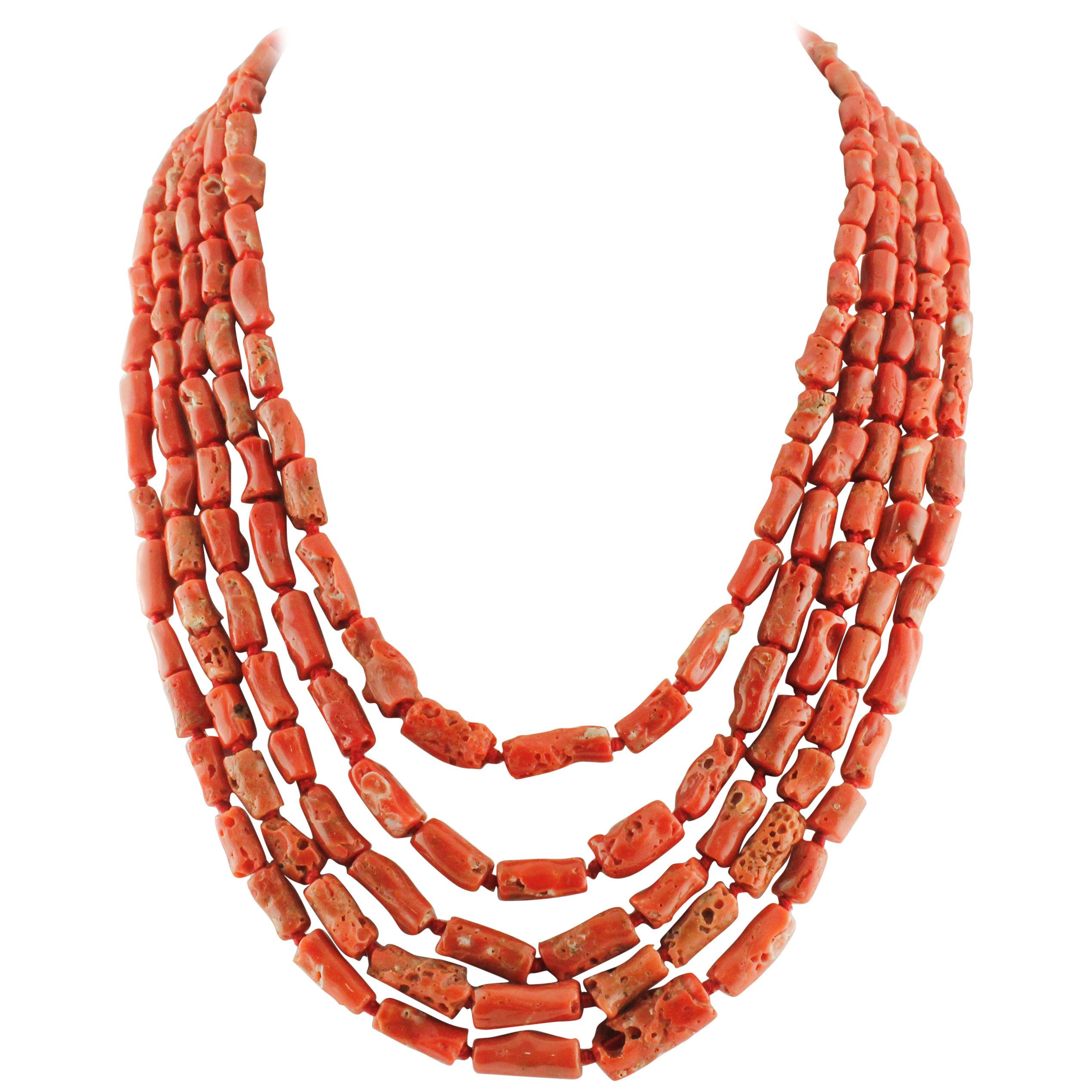Red Coral and Silver Clasp Multi-Strand Necklace