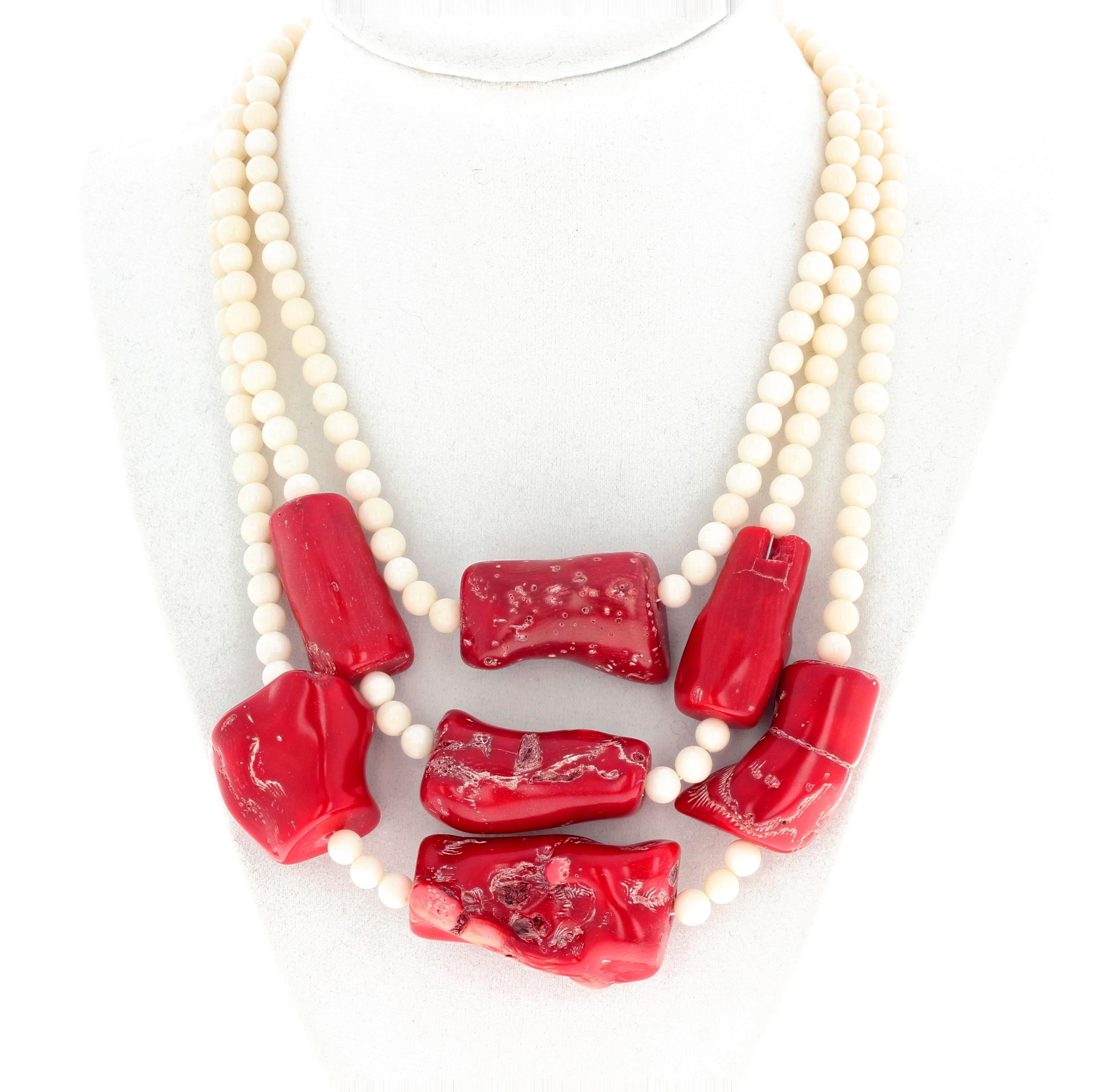 Mixed Cut AJD Huge Dramatic Stunning Real Red Coral & White Coral Triple Strand Necklace