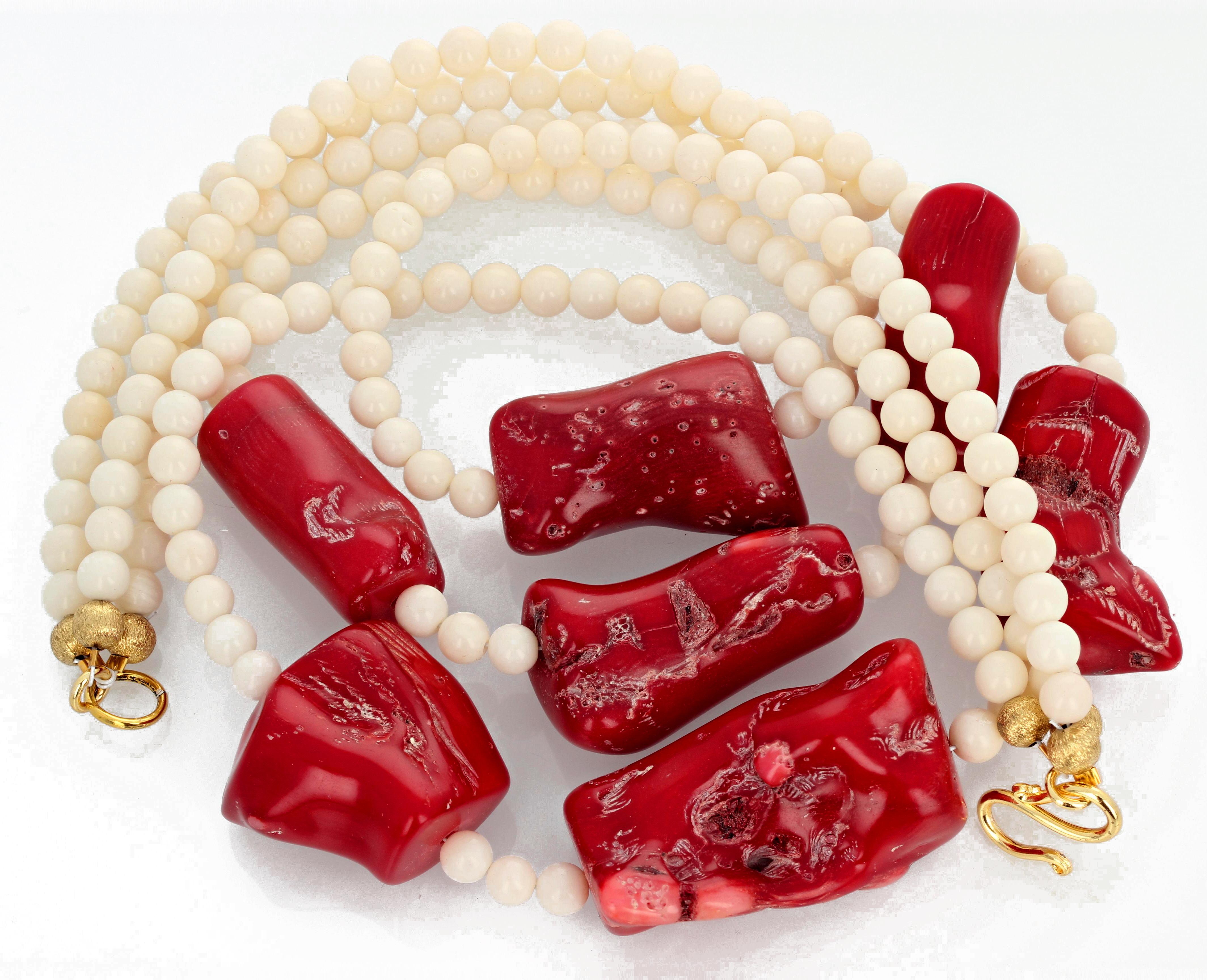 AJD Huge Dramatic Stunning Real Red Coral & White Coral Triple Strand Necklace In New Condition In Raleigh, NC