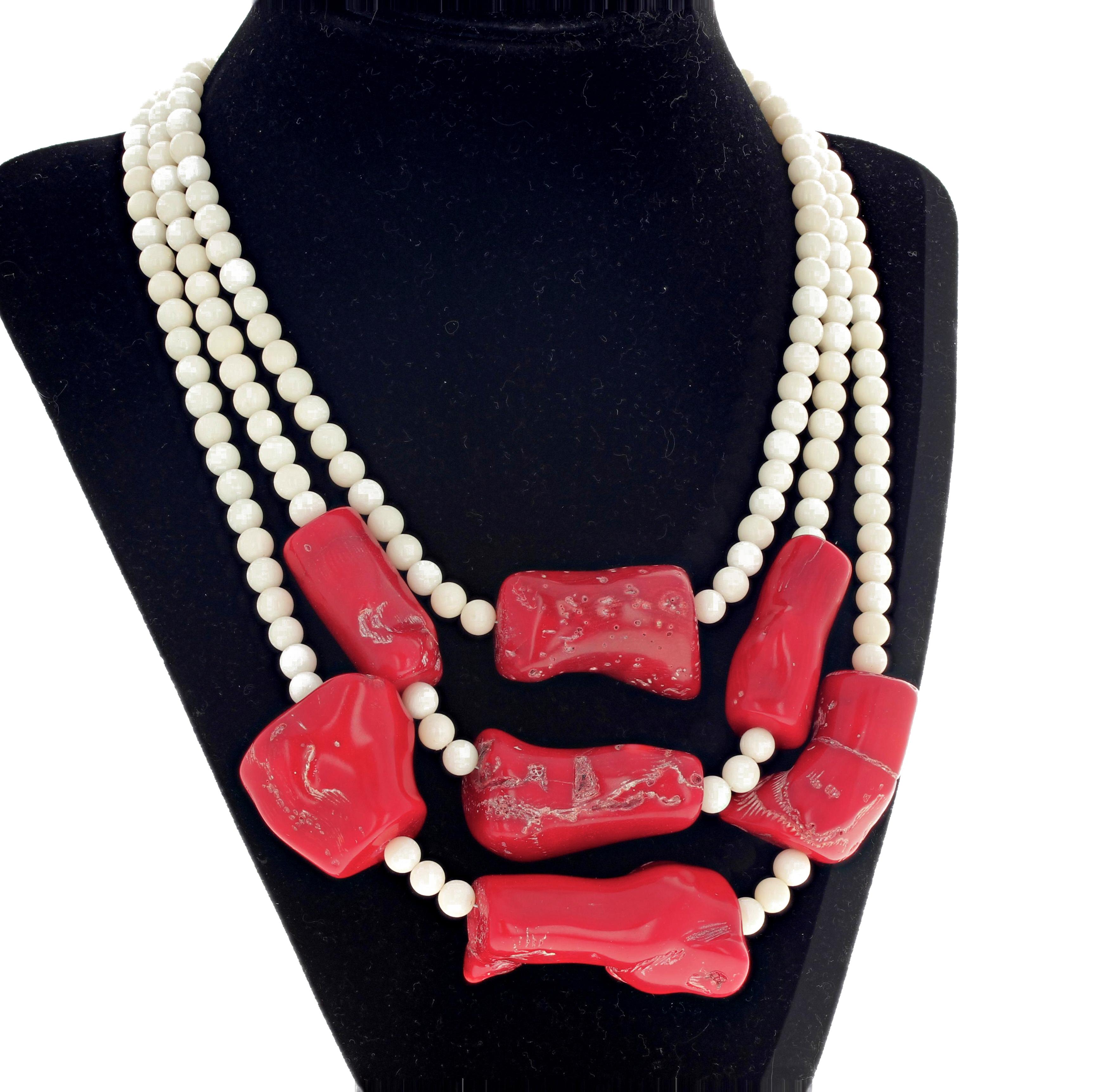 AJD Huge Dramatic Stunning Real Red Coral & White Coral Triple Strand Necklace 1