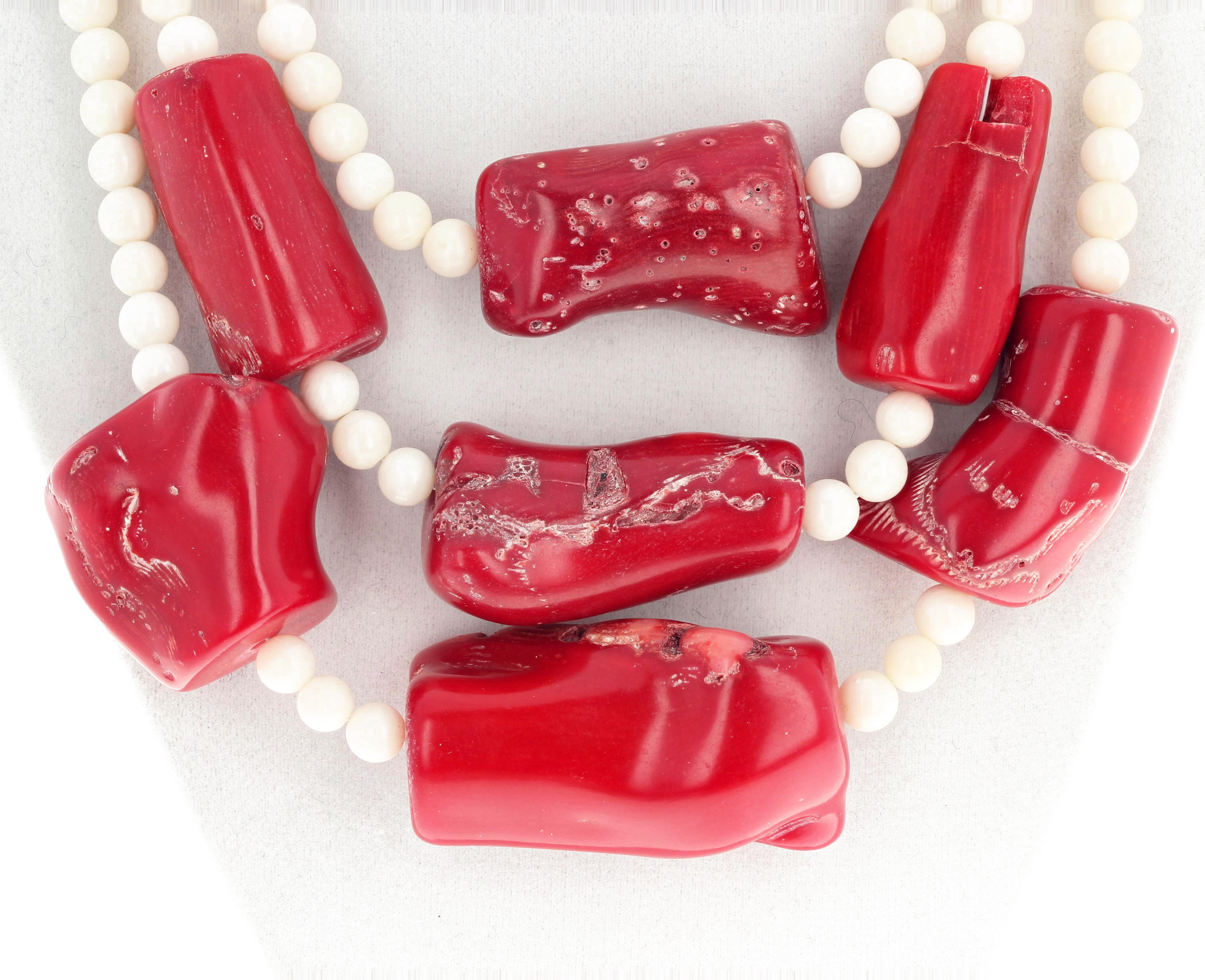 AJD Huge Dramatic Stunning Real Red Coral & White Coral Triple Strand Necklace 2