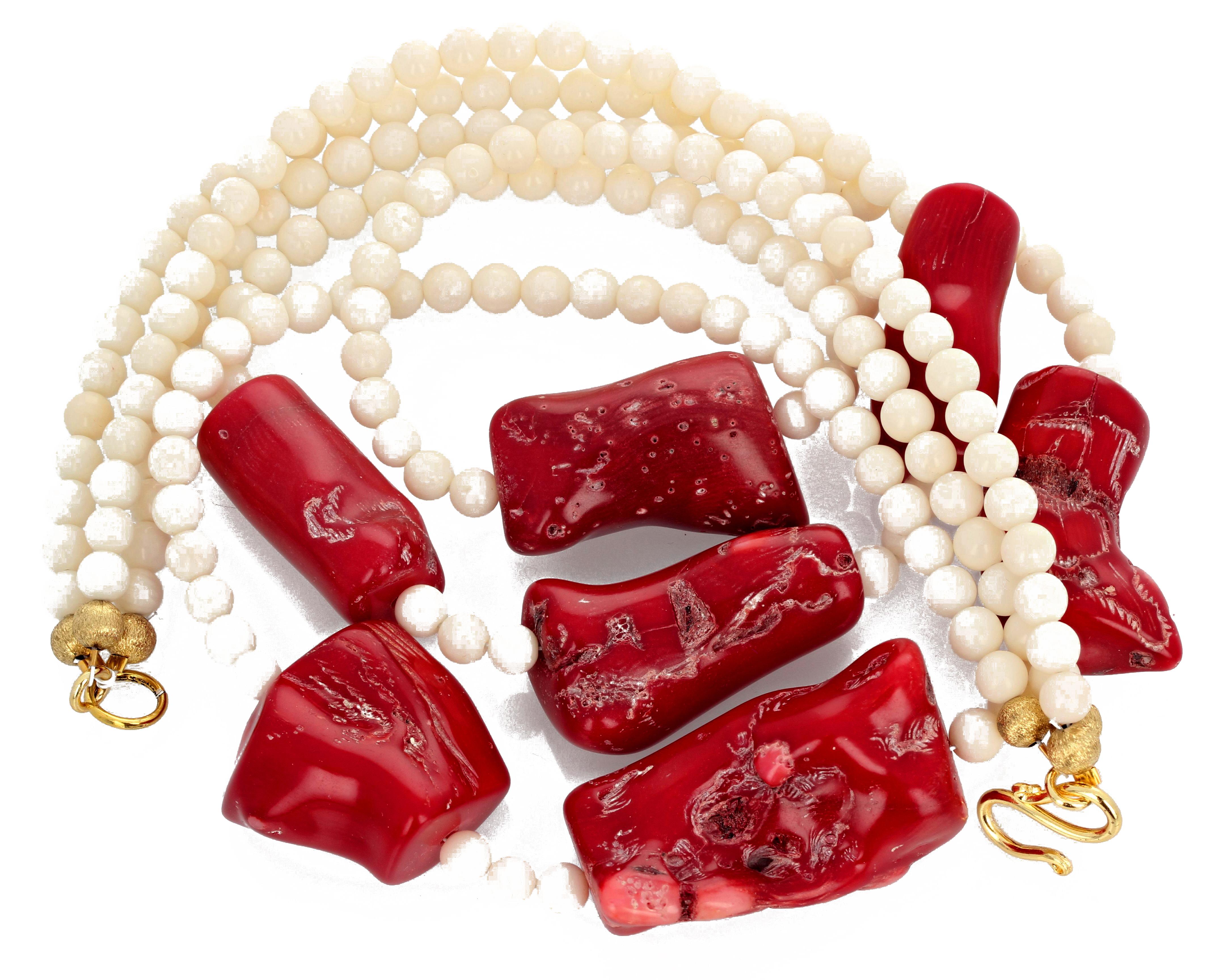AJD Huge Dramatic Stunning Real Red Coral & White Coral Triple Strand Necklace 3