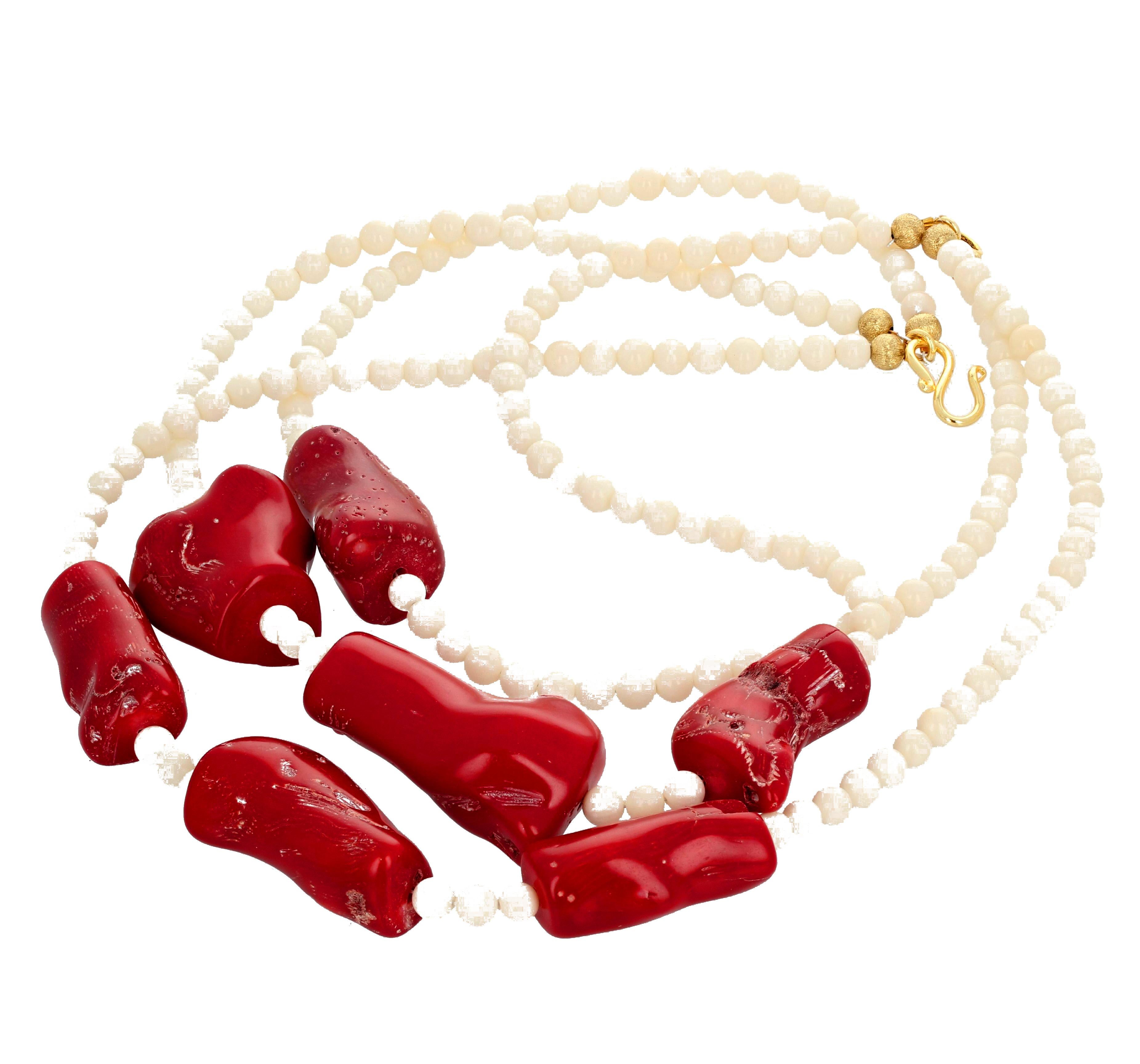 AJD Huge Dramatic Stunning Real Red Coral & White Coral Triple Strand Necklace 4