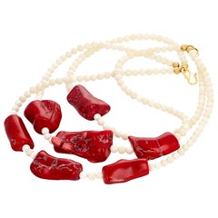 AJD Huge Dramatic Stunning Real Red Coral & White Coral Triple Strand Necklace
