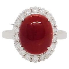 Used Red Coral and White Diamond Cocktail Ring in Platinum