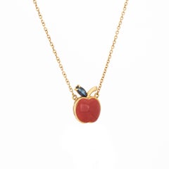 Collier Corail Rouge Pomme Saphir Vintage Or Jaune 18k 16" Bijoux Fruits