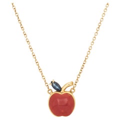 Red Coral Apple Necklace Sapphire Vintage 18k Yellow Gold 16" Fruit Jewelry