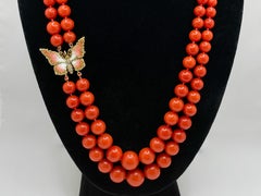 Red Coral Bead 14K Yellow Gold Diamond Butterfly Clasp Necklace & Earrings Set