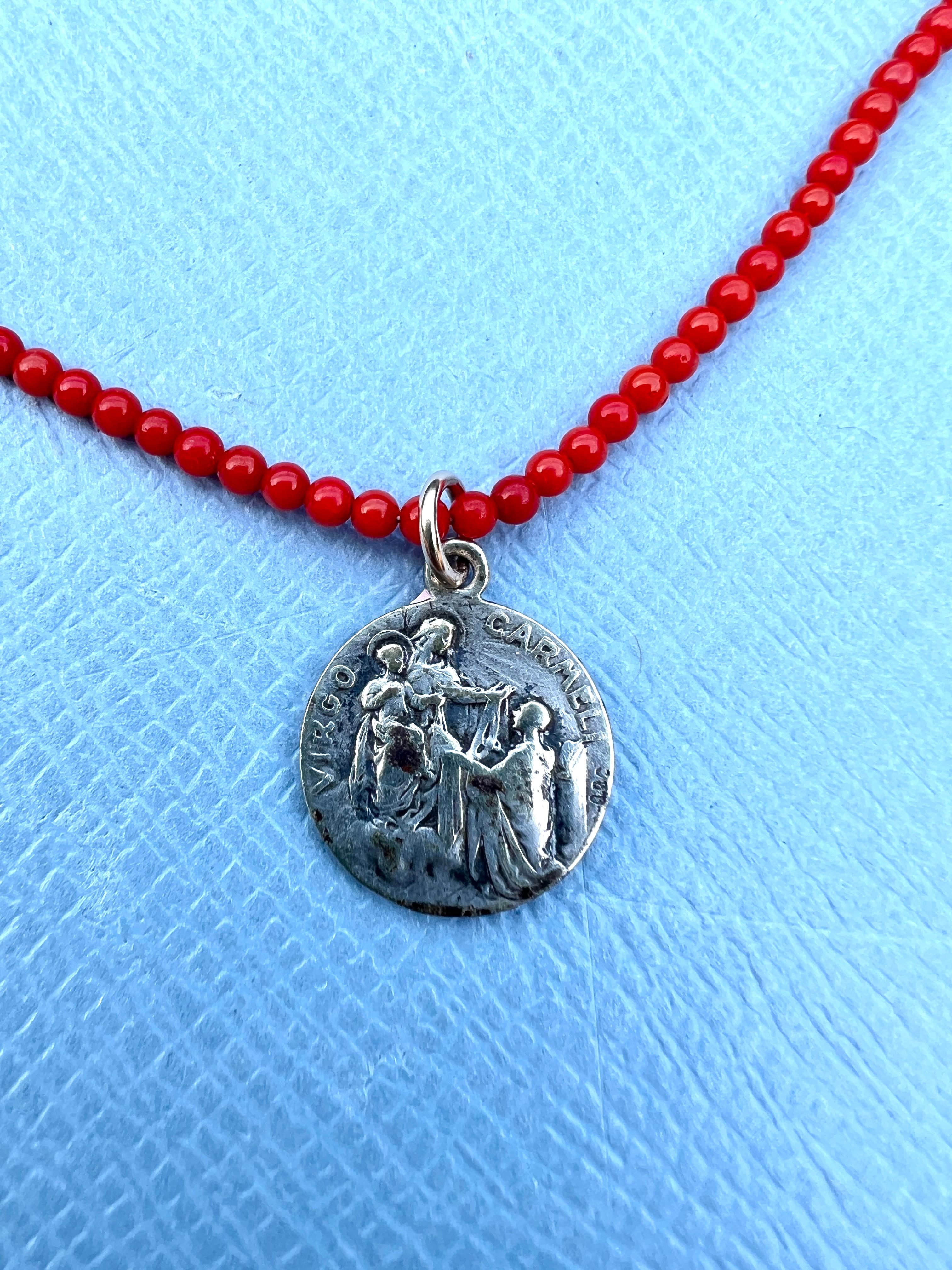 Red Coral Bead Choker Necklace Virgin Carmel Medal

Length: 16