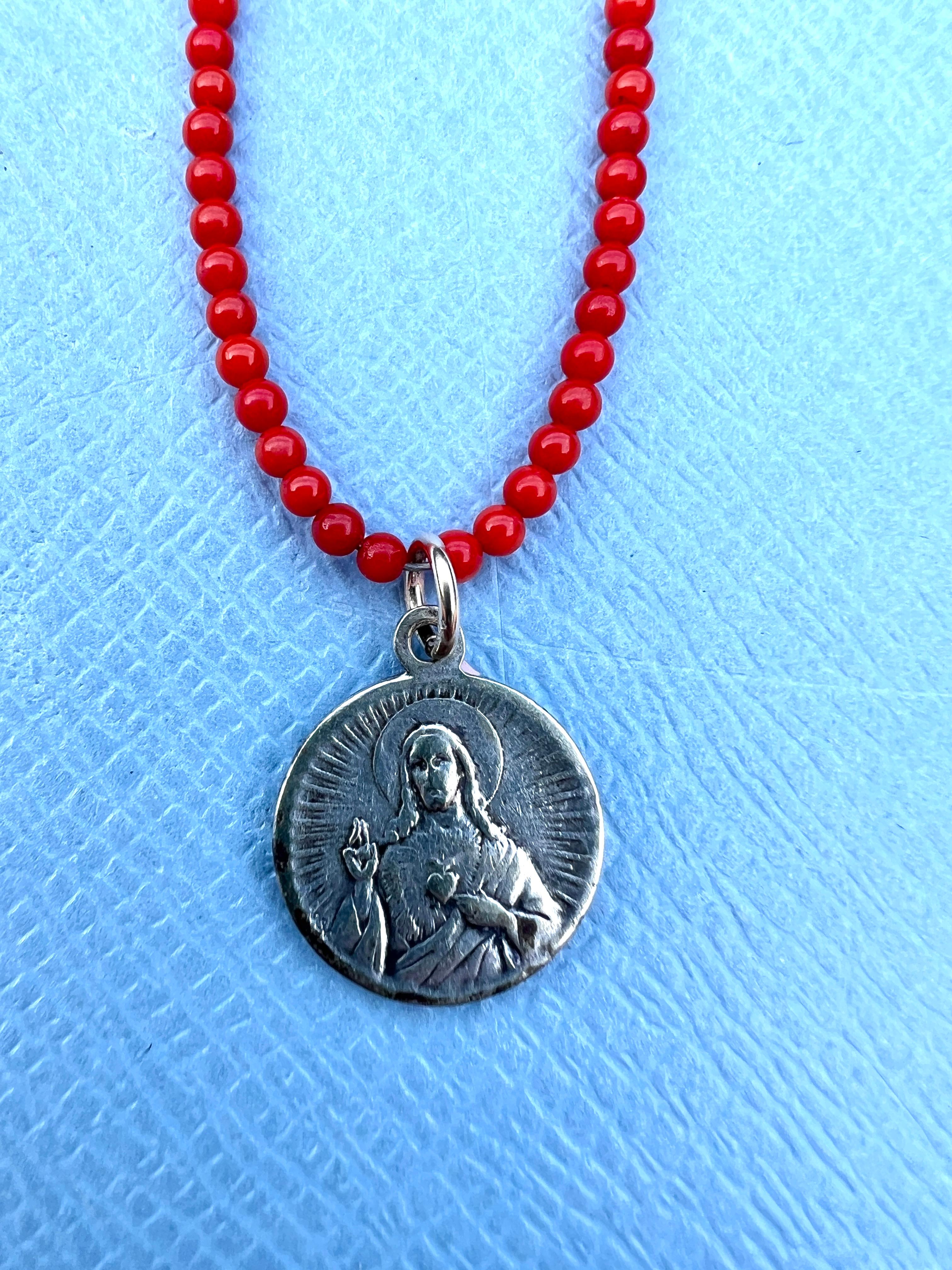 Contemporary Red Coral Bead Choker Necklace Virgin Carmel Medal