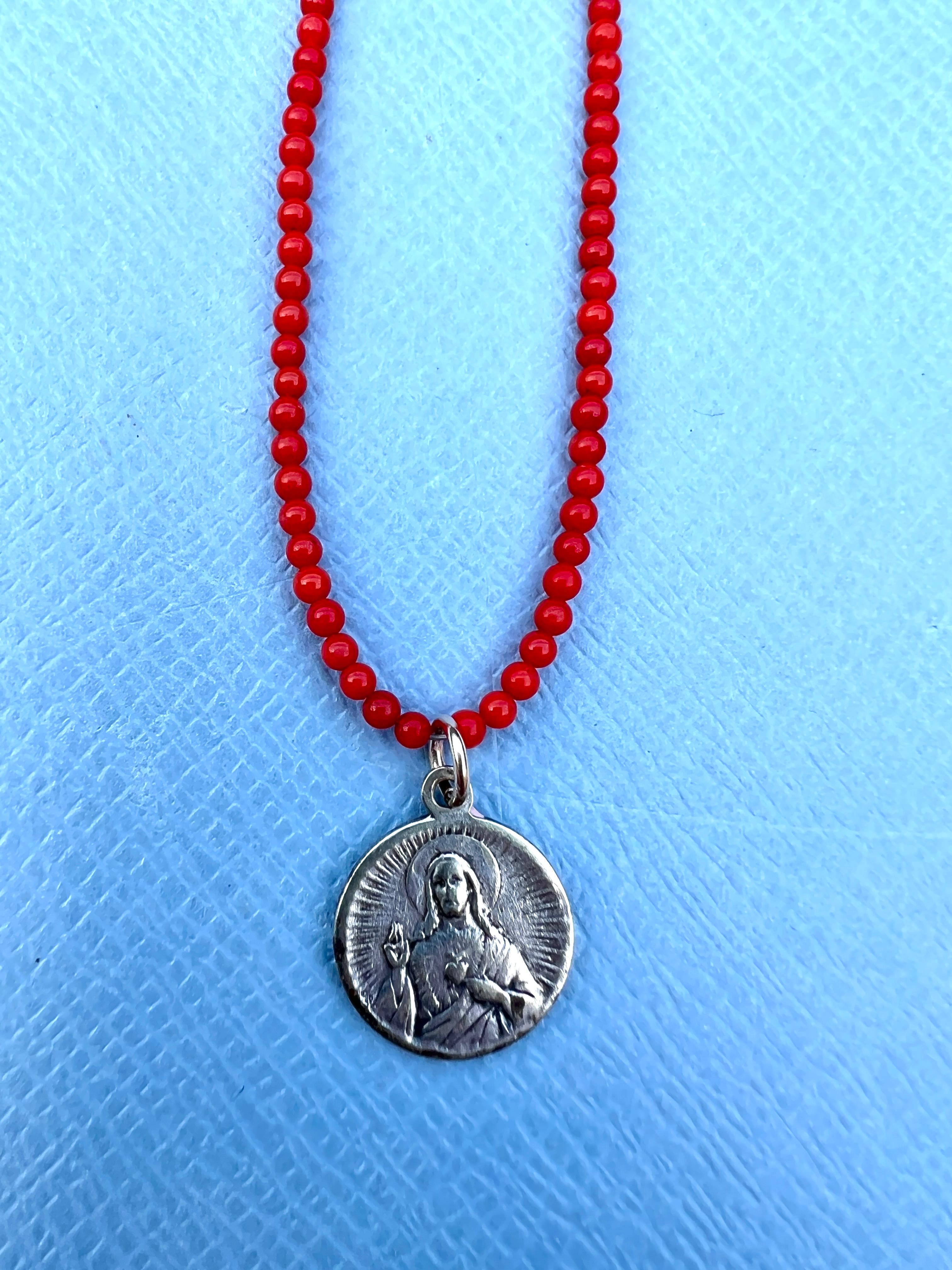 Women's or Men's Red Coral Bead Choker Necklace Virgin Carmel Medal