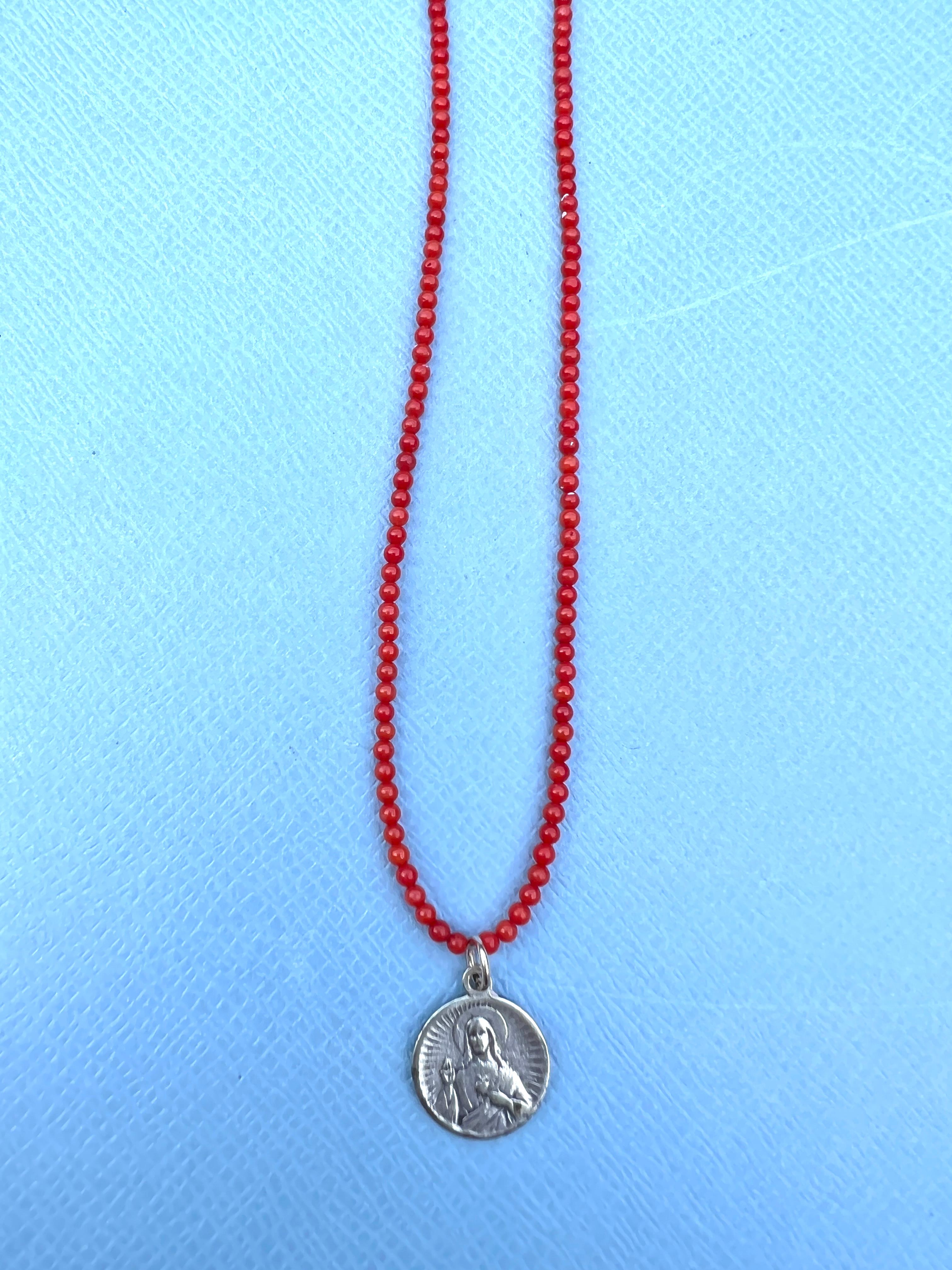 Women's or Men's Red Coral Bead Choker Necklace Virgin Carmel Medal