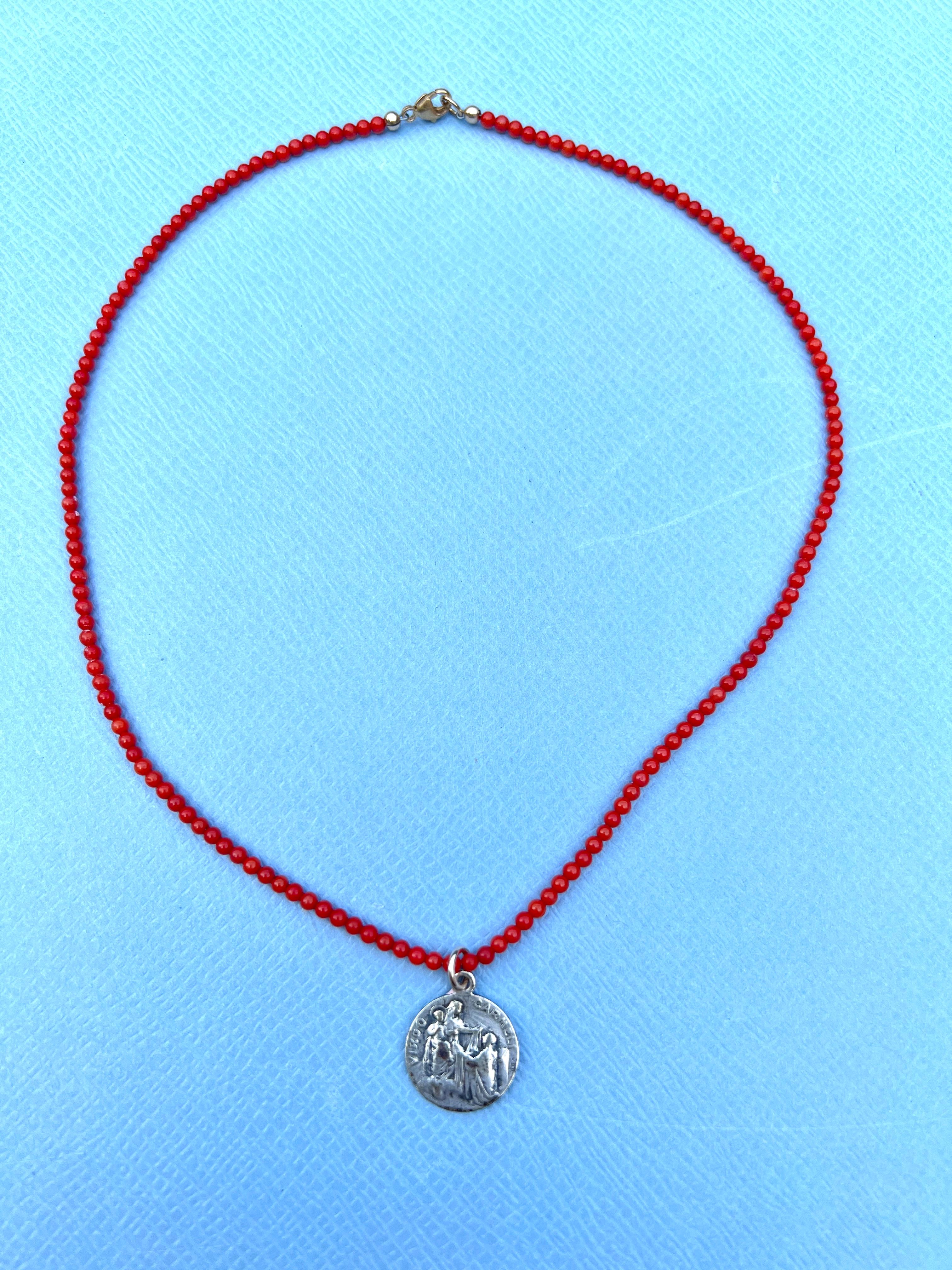 Red Coral Bead Choker Necklace Virgin Carmel Medal 2