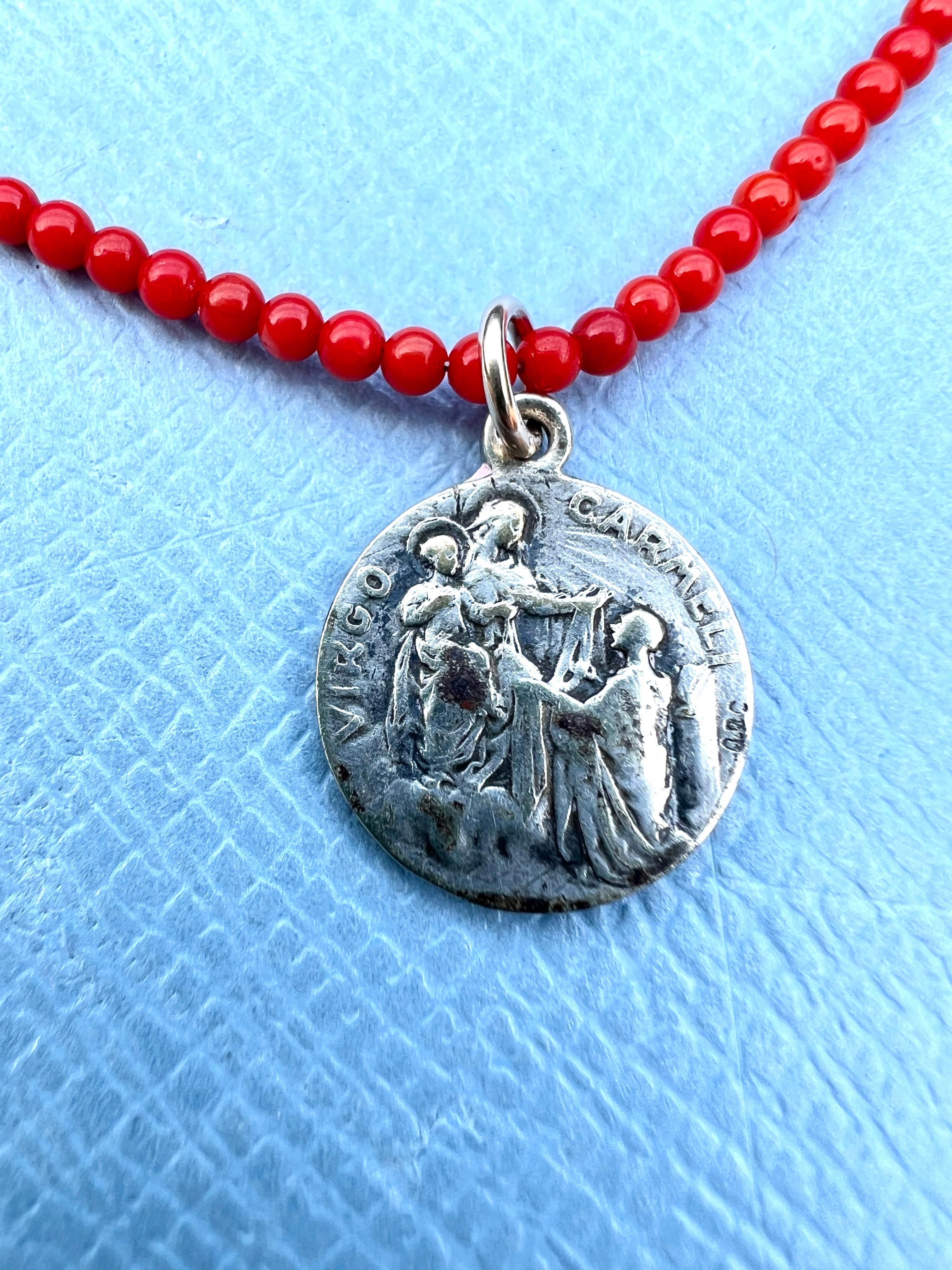 Red Coral Bead Choker Necklace Virgin Carmel Medal 3