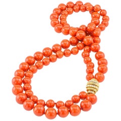 Vintage Red Coral Bead Diamond Yellow Gold Necklace