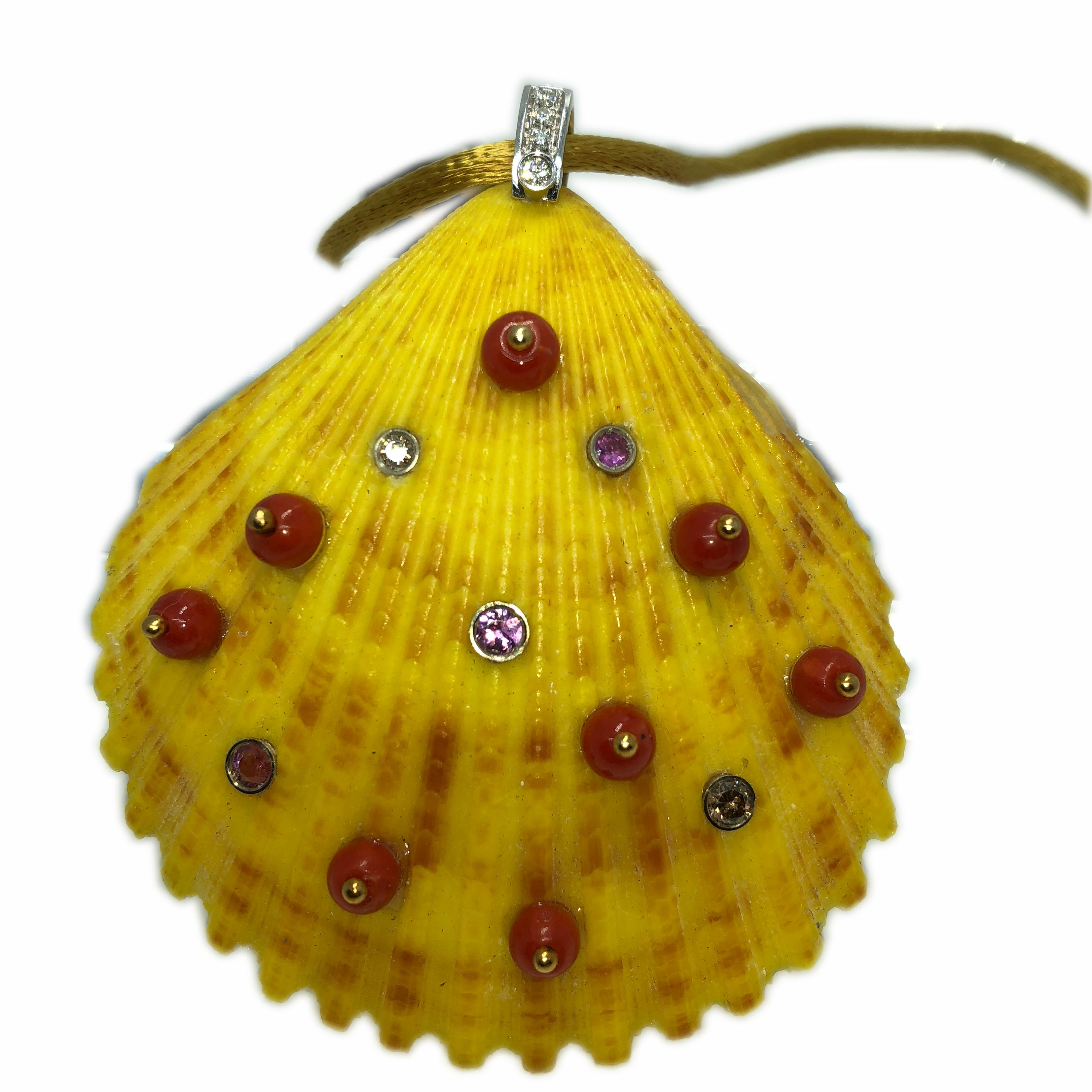 Contemporary Berca Red Coral Beads Pink Tourmalines White Diamonds Yellow Seashell Pendant