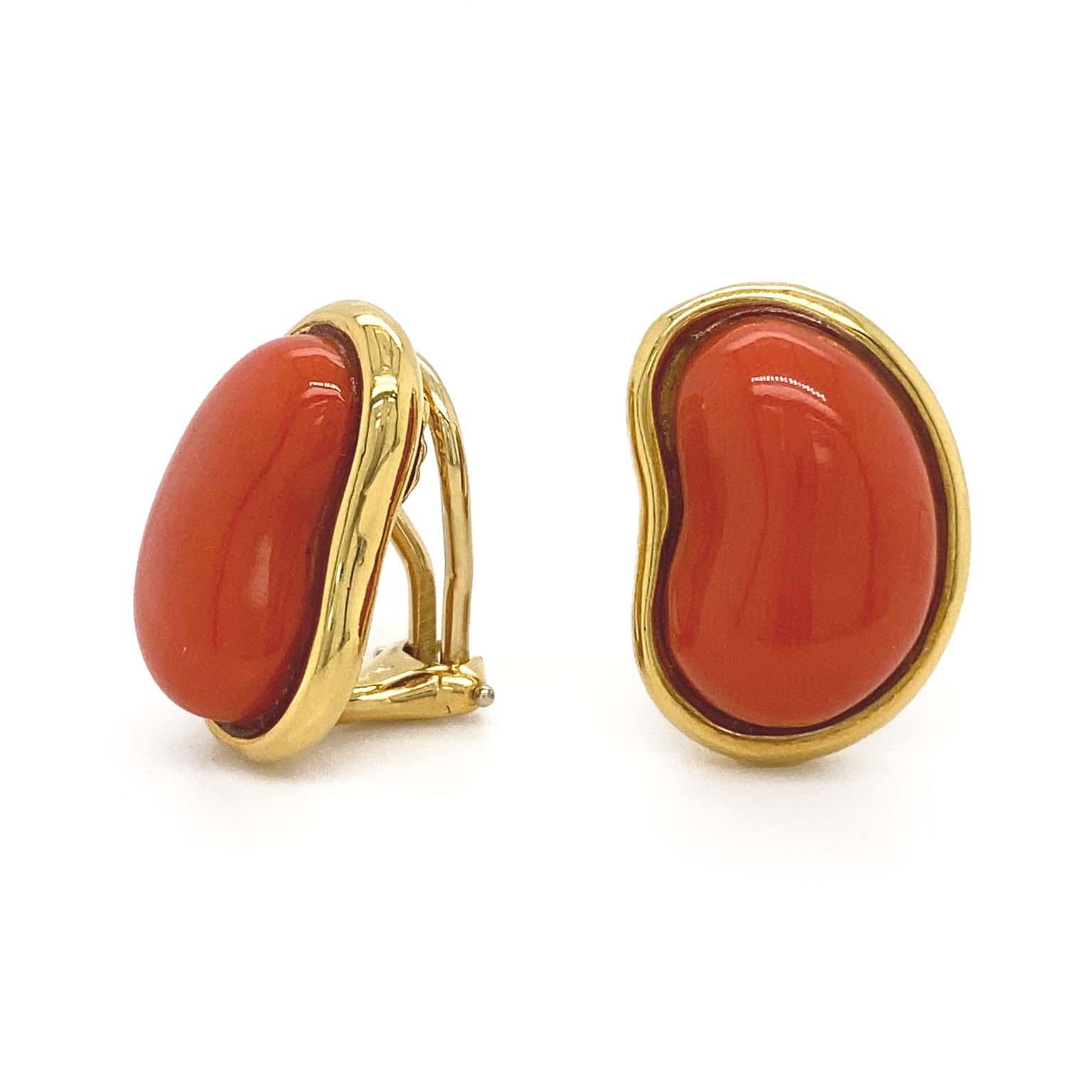 Cabochon Red Coral Bean 18K Yellow Gold Earrings For Sale