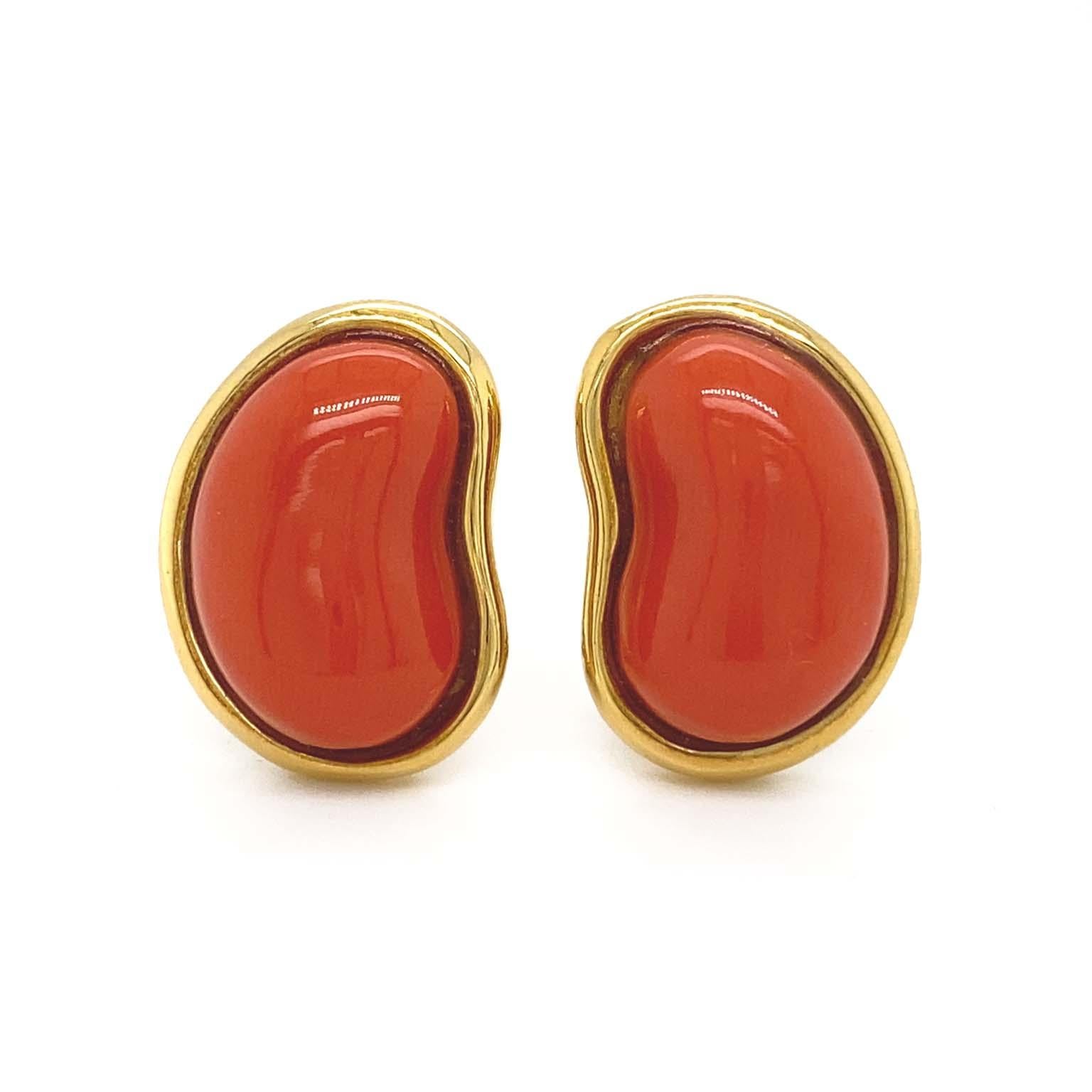 Women's Red Coral Bean 18K Yellow Gold Earrings For Sale