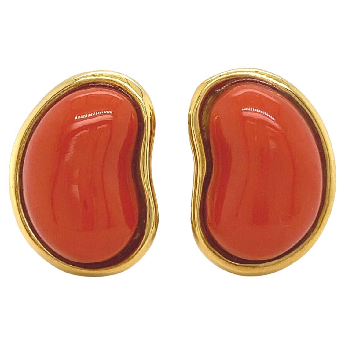 Red Coral Bean 18K Yellow Gold Earrings For Sale