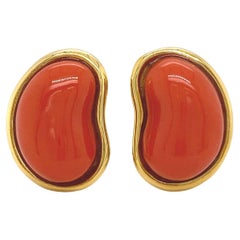 Red Coral Bean 18K Yellow Gold Earrings