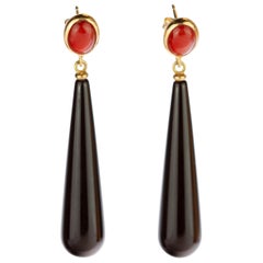 Intini Jewels Red Coral Black Agate Drops 18 Karat Gold Long Handmade Earrings