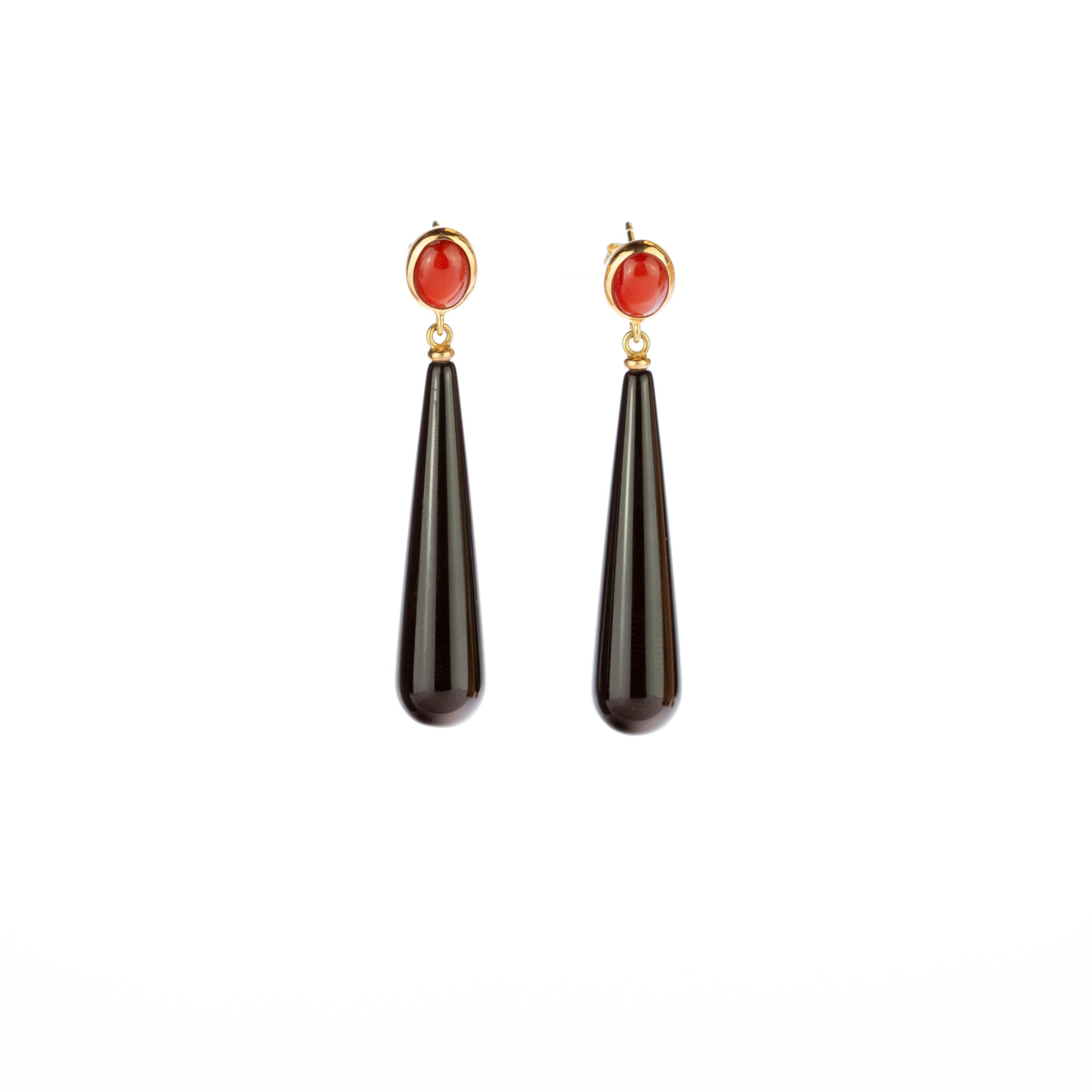 Intini Jewels Red Coral Black Agate Drops 18 Karat Gold Long Handmade Earrings 1