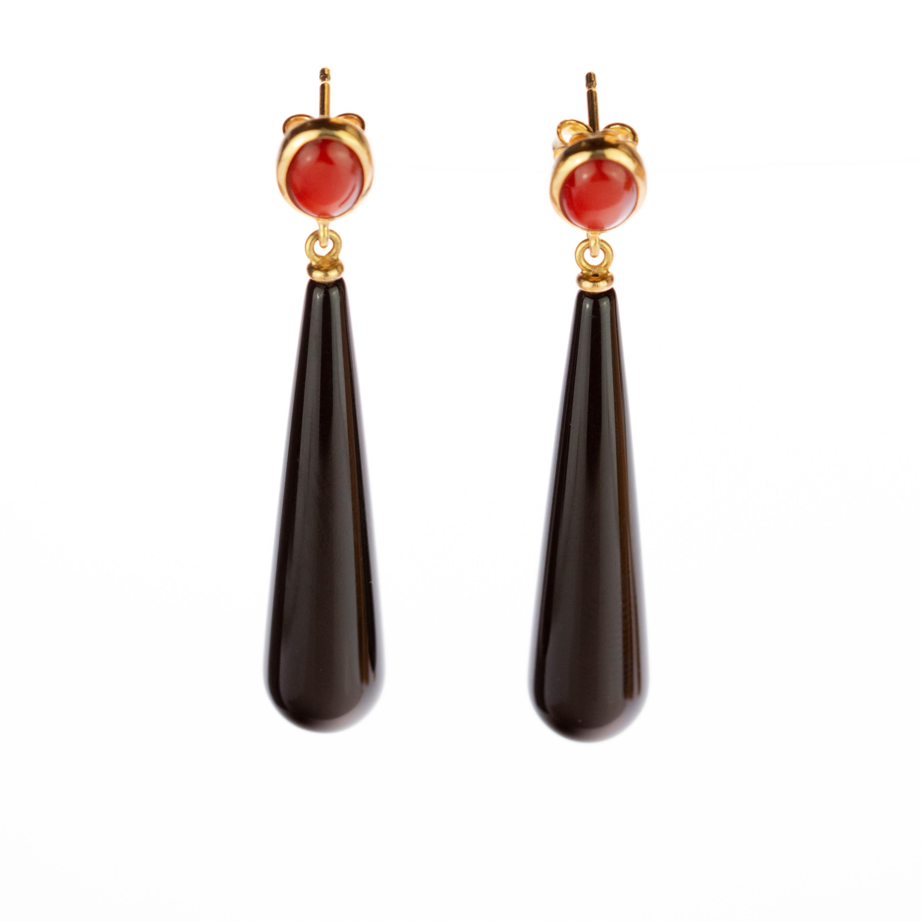Intini Jewels Red Coral Black Agate Drops 18 Karat Gold Long Handmade Earrings 2