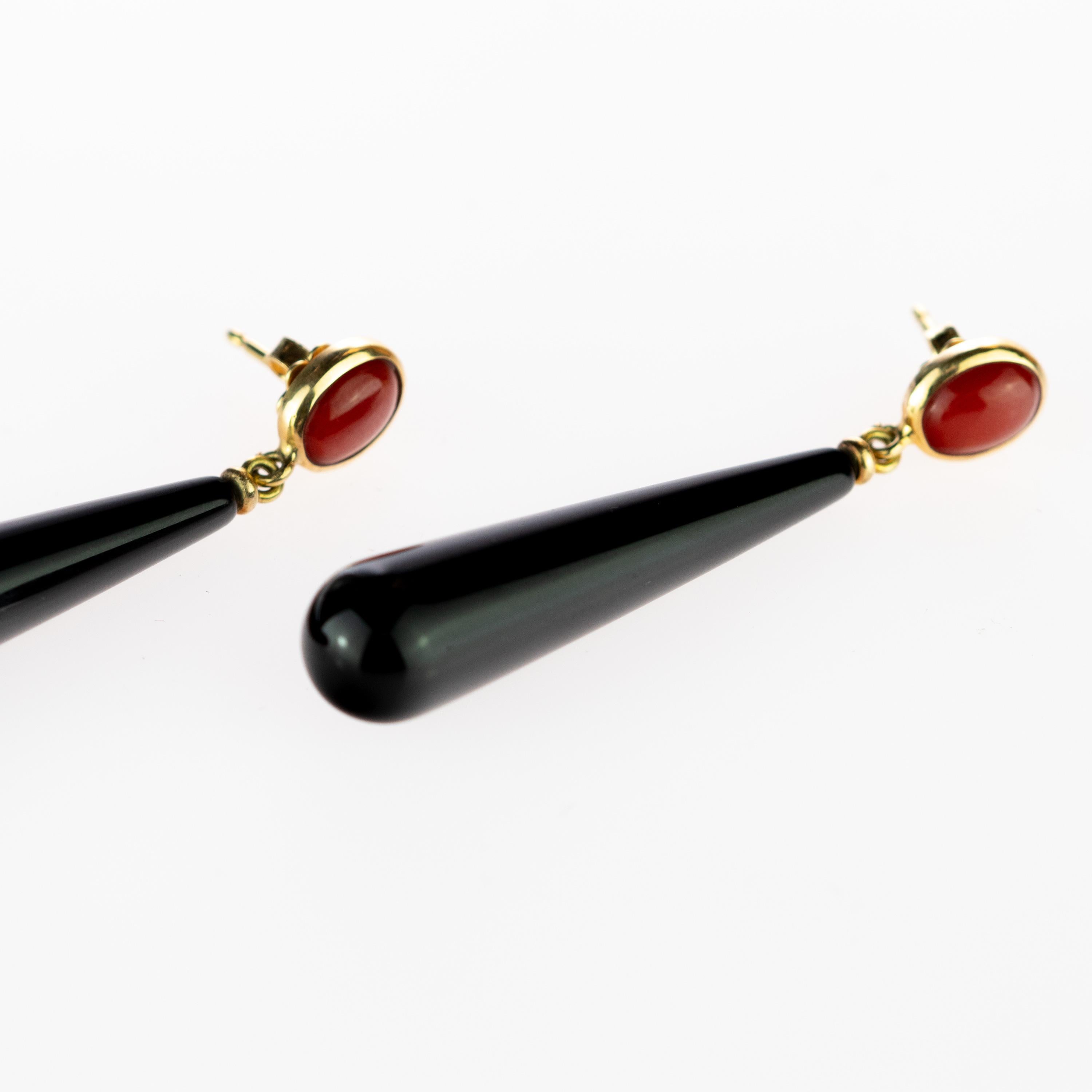 Intini Jewels Red Coral Black Agate Drops 18 Karat Gold Long Handmade Earrings 4