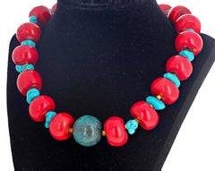 AJD Impressive Huge Red Coral, Real Blue Magnesite & Azurite 18" Necklace