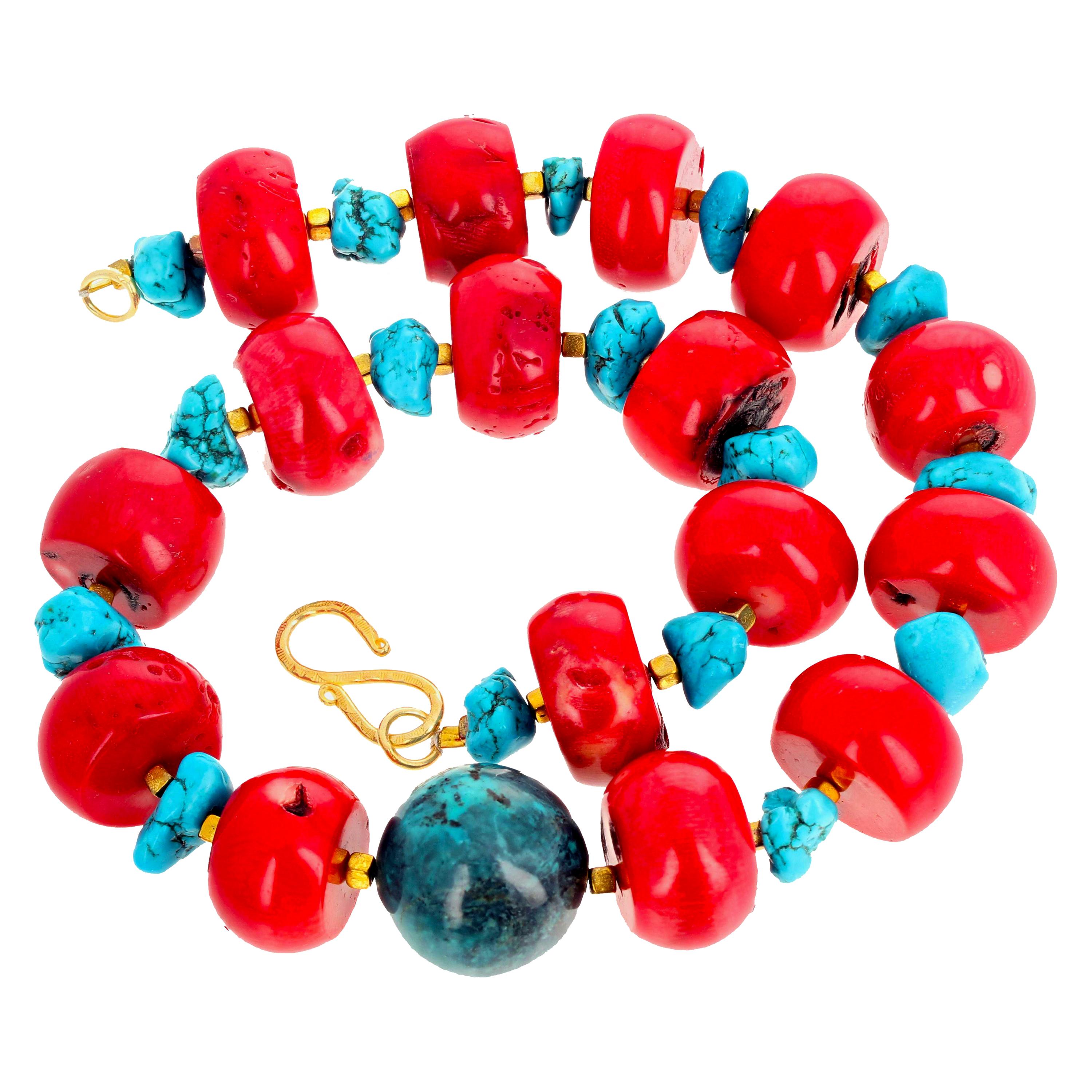 Taglio misto AJD Impressionante collana di corallo rosso enorme, magnesite blu reale e azzurrite da 18 pollici in vendita