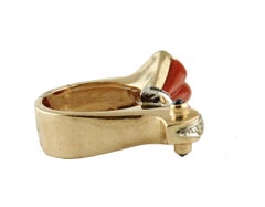 Red Coral Blue Sapphires Diamonds Rose and White Gold Ring