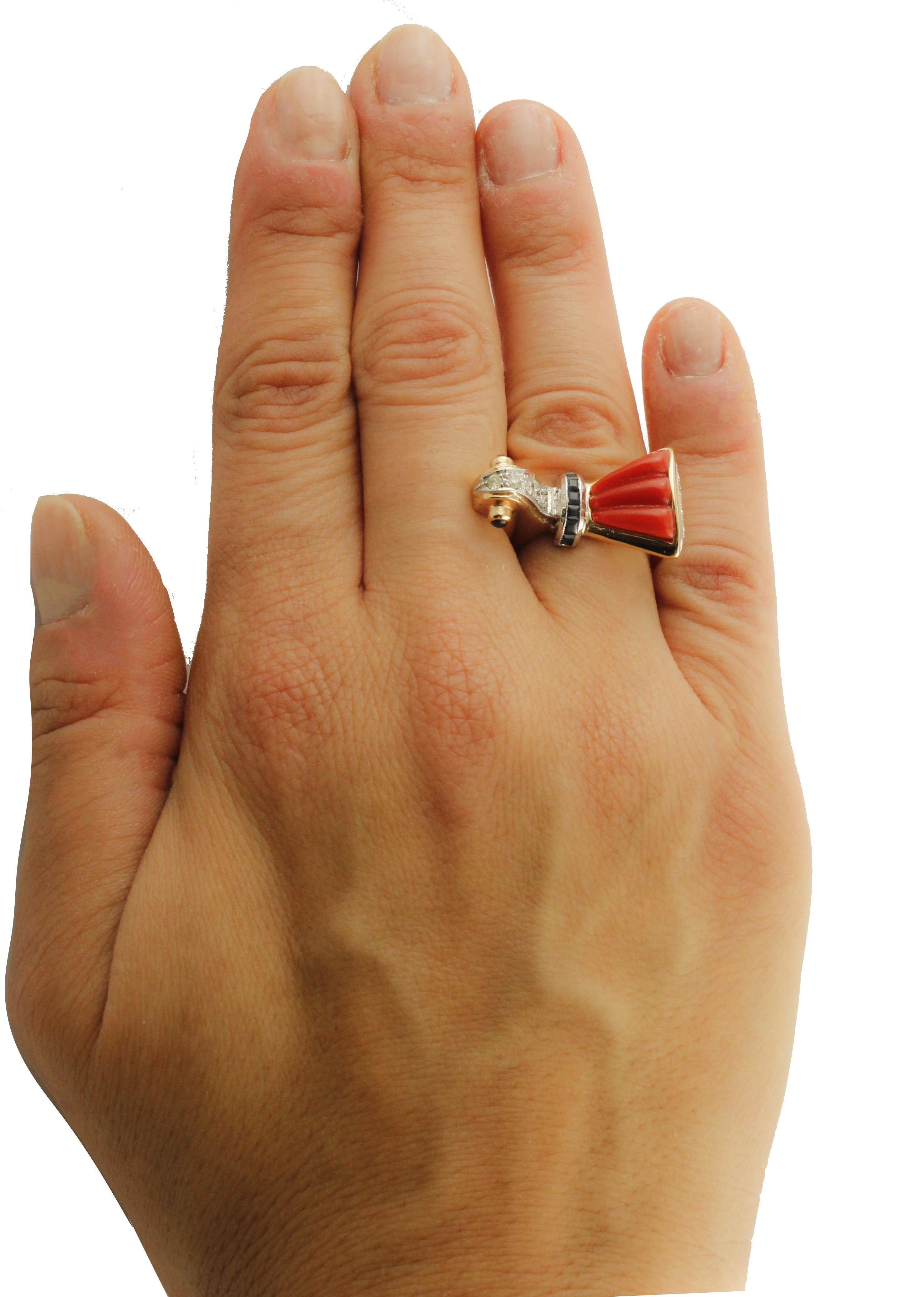 Brilliant Cut Red Coral Blue Sapphires Diamonds Rose and White Gold Ring