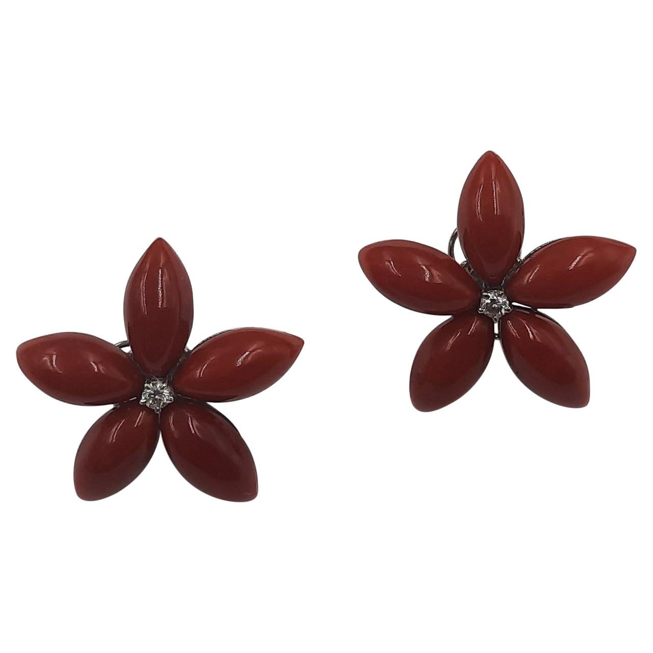 Red Coral Brilliant Cut Diamond 18 Carats White Gold Flower Earrings For Sale