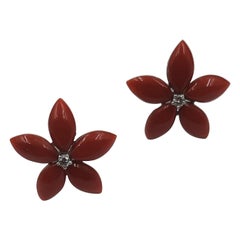 Red Coral Brilliant Cut Diamond 18 Carats White Gold Flower Earrings