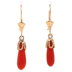Red Coral Briolette Gold Drop Earrings Fine Estate Jewelry