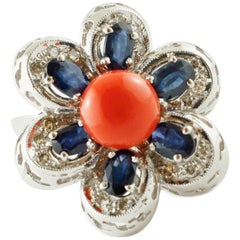 Red Coral Button Blue Sapphires, Diamonds, 18 Karat Gold Flower Shape Retrò Ring