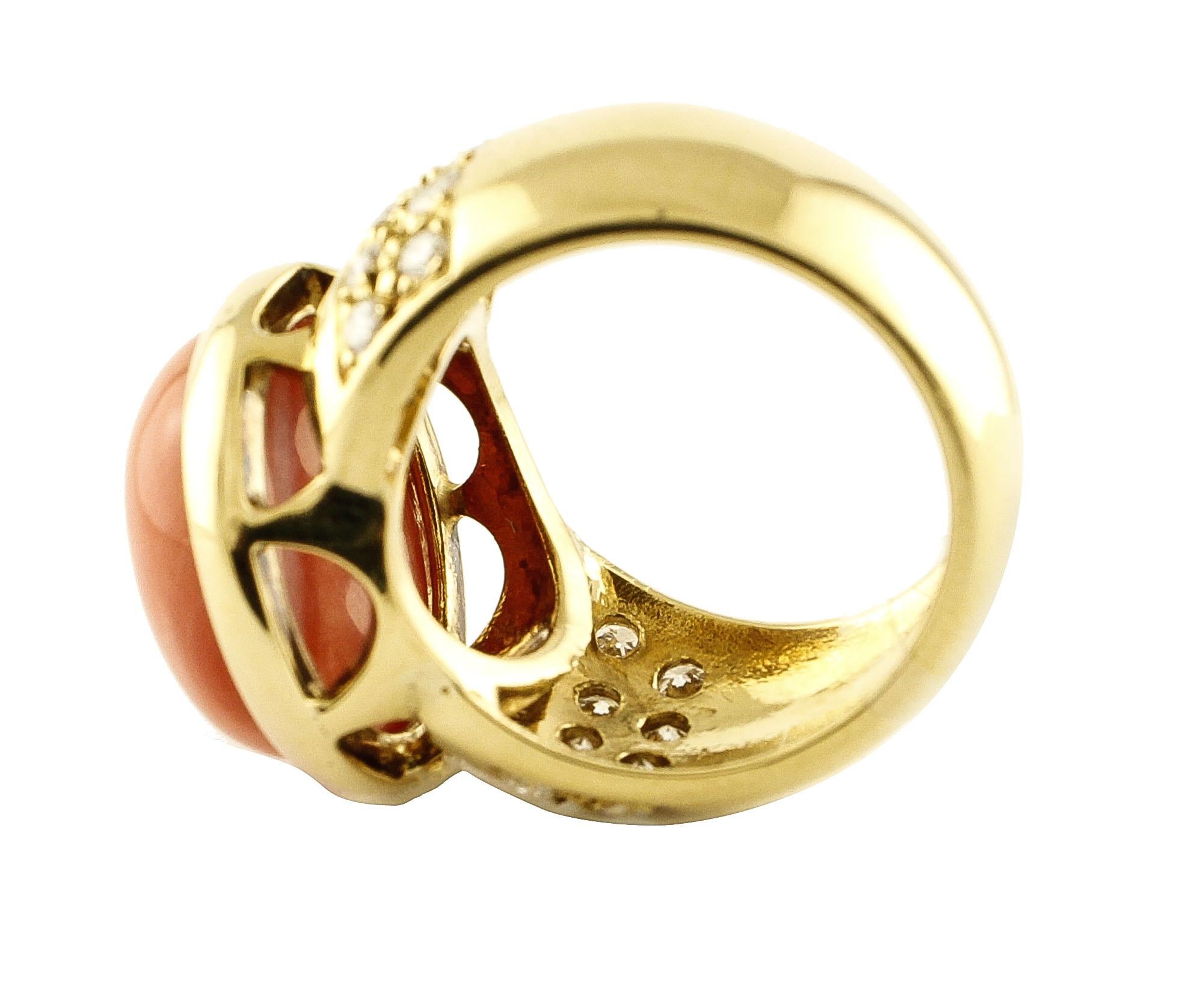 Mixed Cut Red Coral Button White Diamonds Yellow Gold Signet Ring For Sale