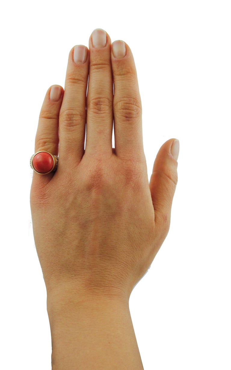 Red Coral Button White Diamonds Yellow Gold Signet Ring For Sale at 1stDibs