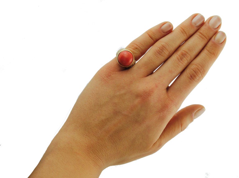 Red Coral Button White Diamonds Yellow Gold Signet Ring For Sale at 1stDibs