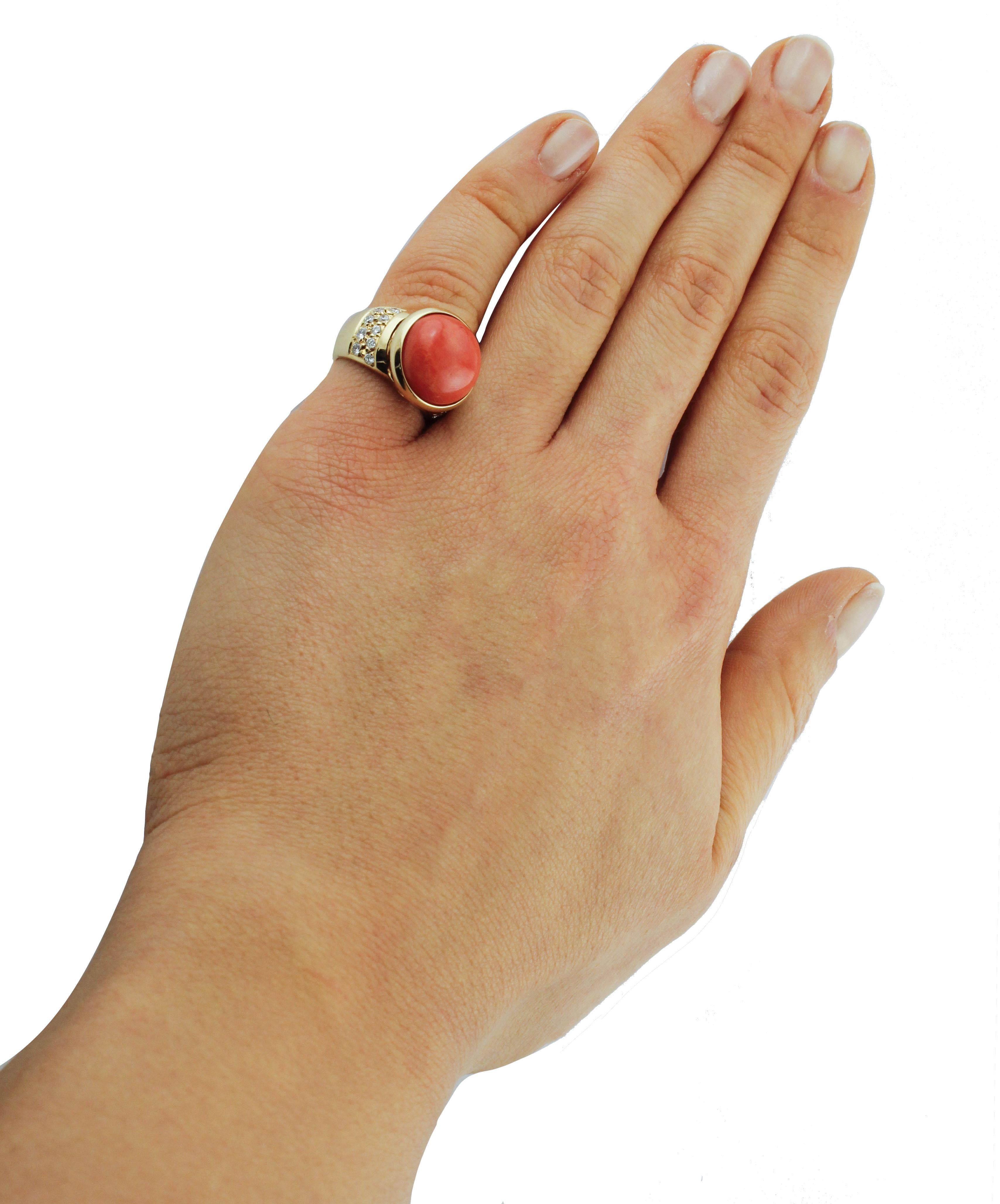 Red Coral Button White Diamonds Yellow Gold Signet Ring For Sale 1