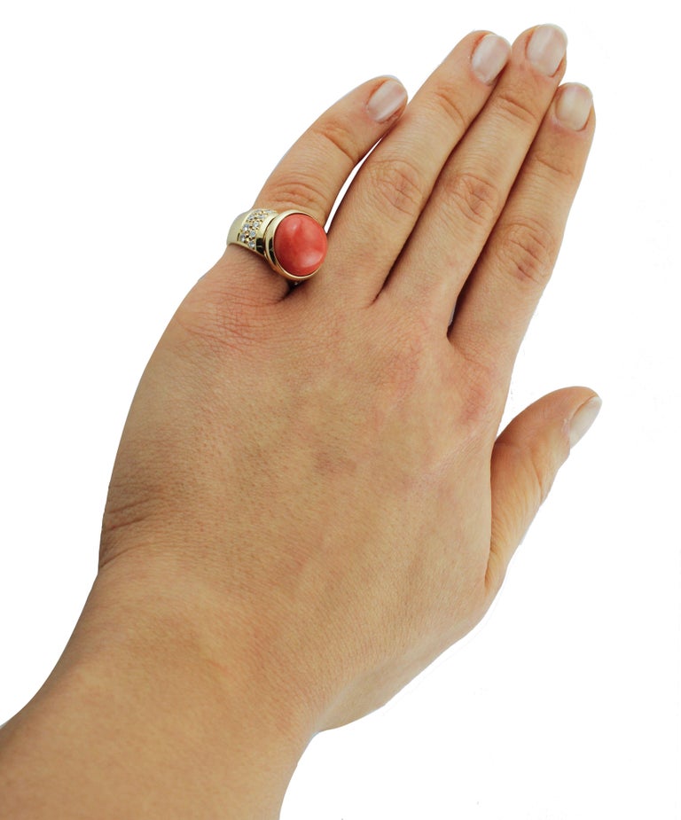 Red Coral Button White Diamonds Yellow Gold Signet Ring For Sale at 1stDibs