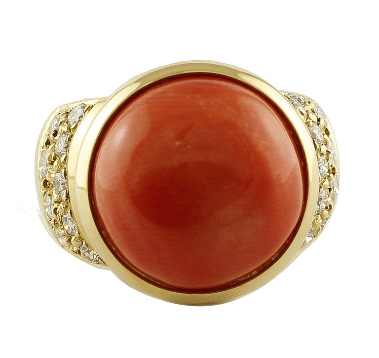 Red Coral Button White Diamonds Yellow Gold Signet Ring For Sale at 1stDibs