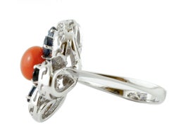 Red Coral Button Blue Sapphires, Diamonds, 18 Karat Gold Flower Shape Retrò Ring